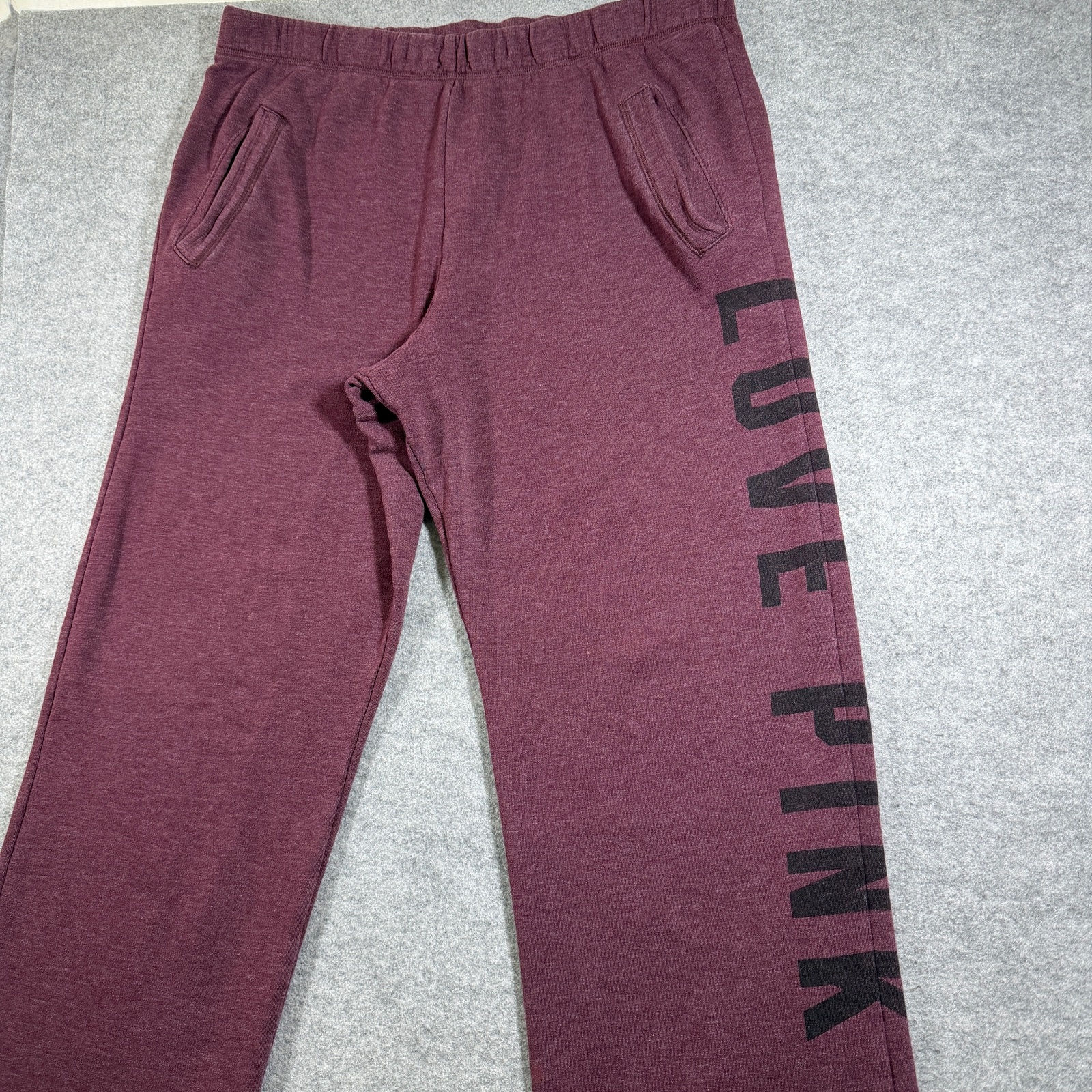PINK Victorias Secret Love Pink Sweatpants Womens L Maroon Raw Hem Cotton Lounge thumbnail 5