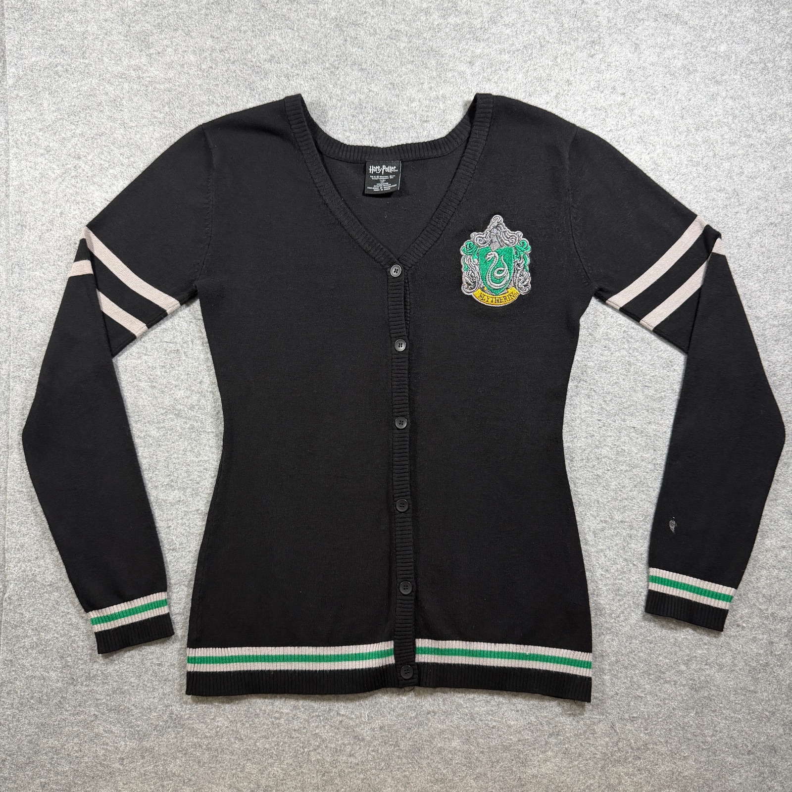 Harry Potter Slytherin Cardigan Womens M Black Button Front Crest Embroidery