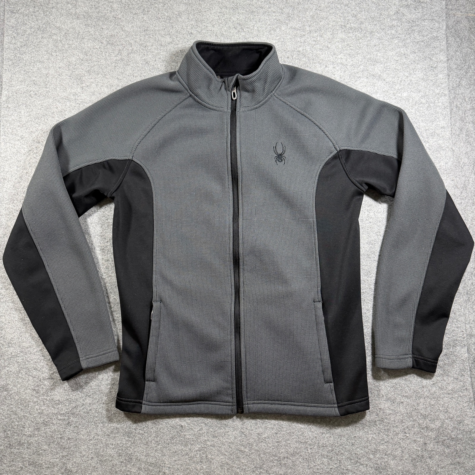 Spyder Active Waffle Knit Full Zip Jacket Mens M Gray Black Fleece Lined Outdoor