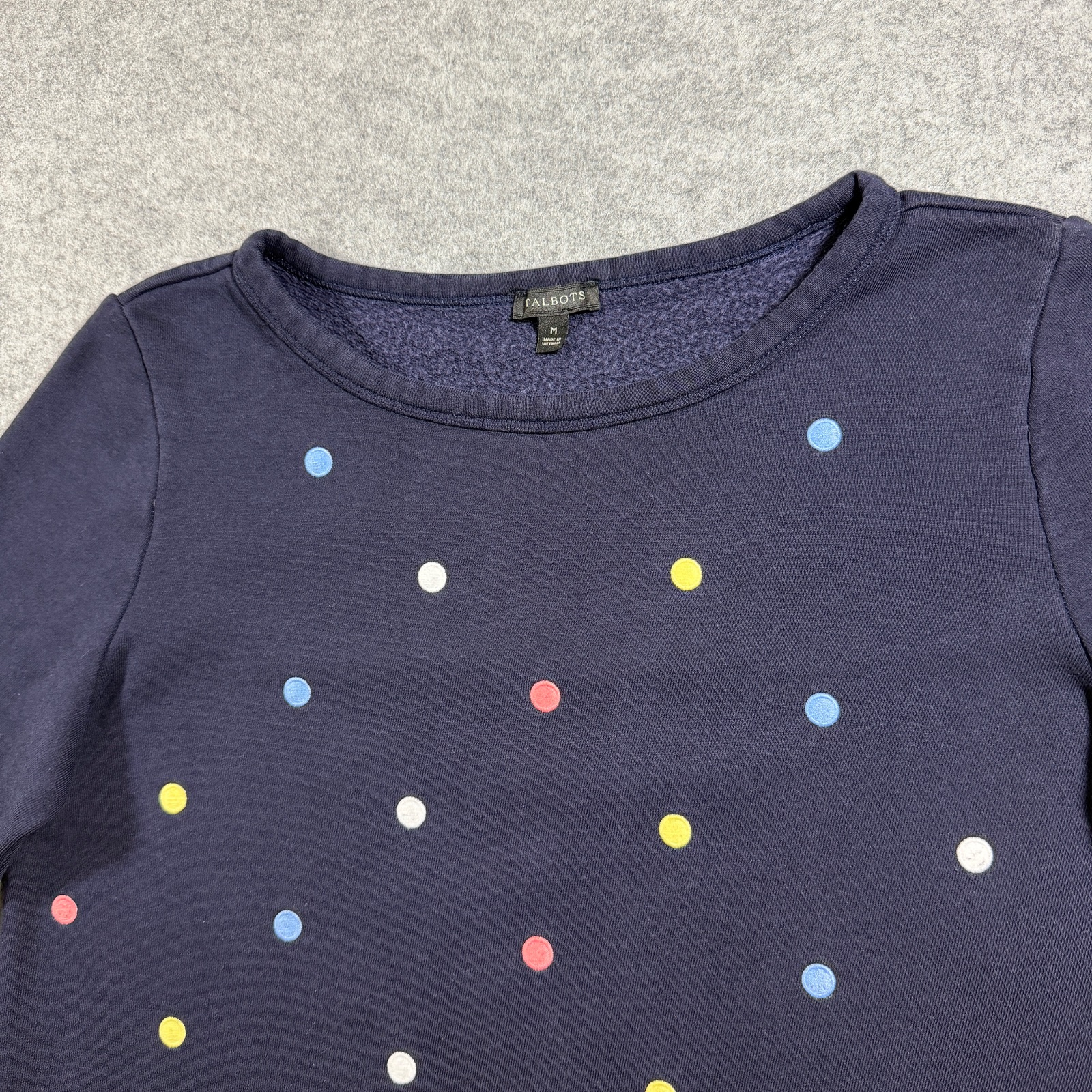 Talbots Sweatshirt Womens M Navy Polka Dot Crew Neck Side Slits Cotton Modal thumbnail 3