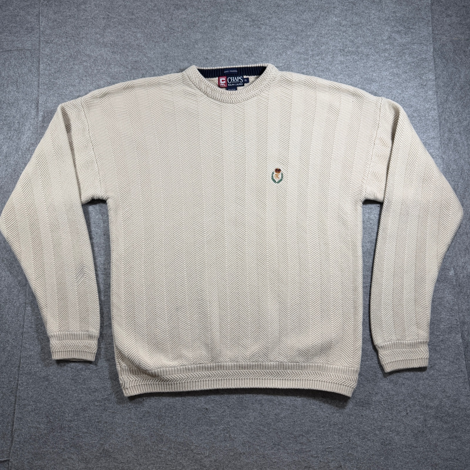 Vintage Chaps Ralph Lauren Knit Sweater Mens XL Cream Herringbone Cotton Preppy