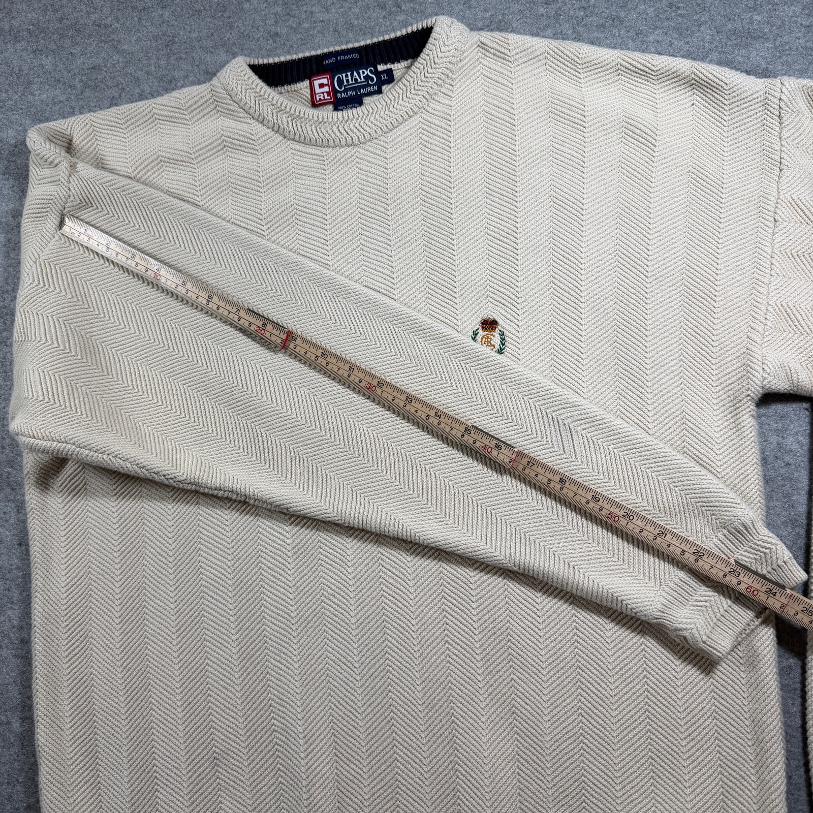 Vintage Chaps Ralph Lauren Knit Sweater Mens XL Cream Herringbone Cotton Preppy thumbnail 8