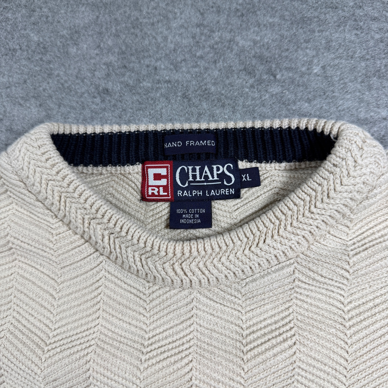 Vintage Chaps Ralph Lauren Knit Sweater Mens XL Cream Herringbone Cotton Preppy thumbnail 9