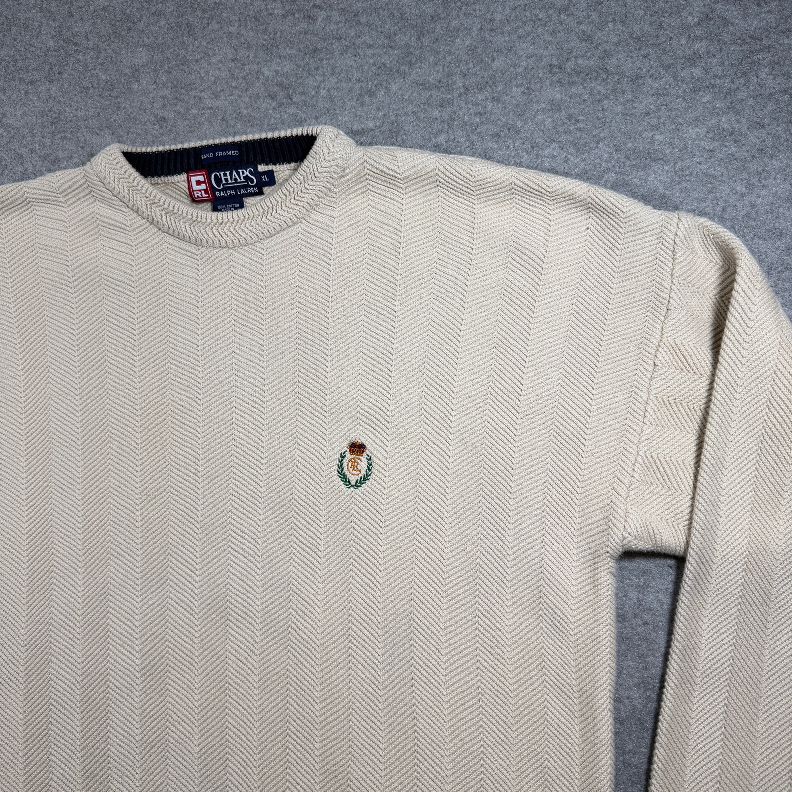 Vintage Chaps Ralph Lauren Knit Sweater Mens XL Cream Herringbone Cotton Preppy thumbnail 10