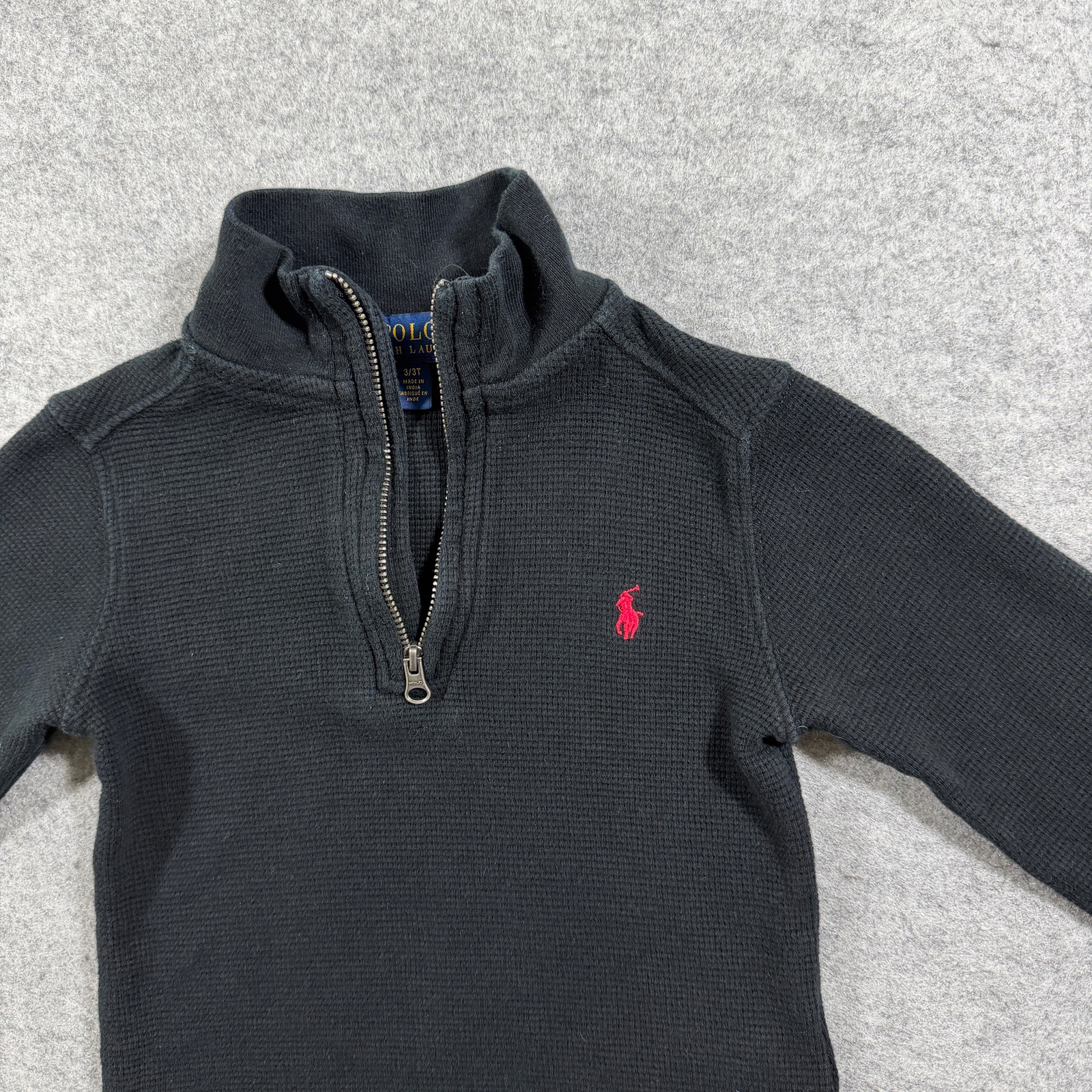 Polo Ralph Lauren Quarter Zip Pullover Boys 3/3T Black Waffle Knit Cotton Pony thumbnail 3