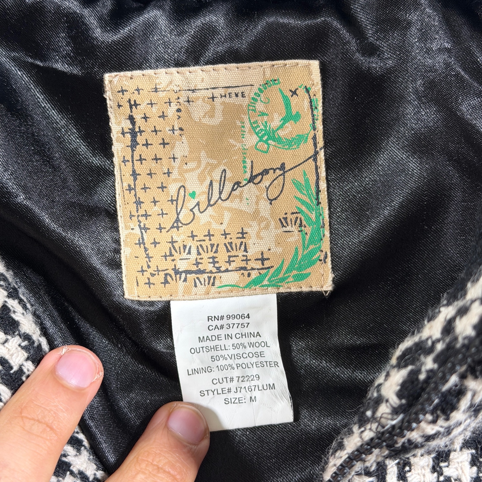 Y2K Billabong Lumber Jane Wool Blend Bomber Jacket Womens M Black Houndstooth thumbnail 5