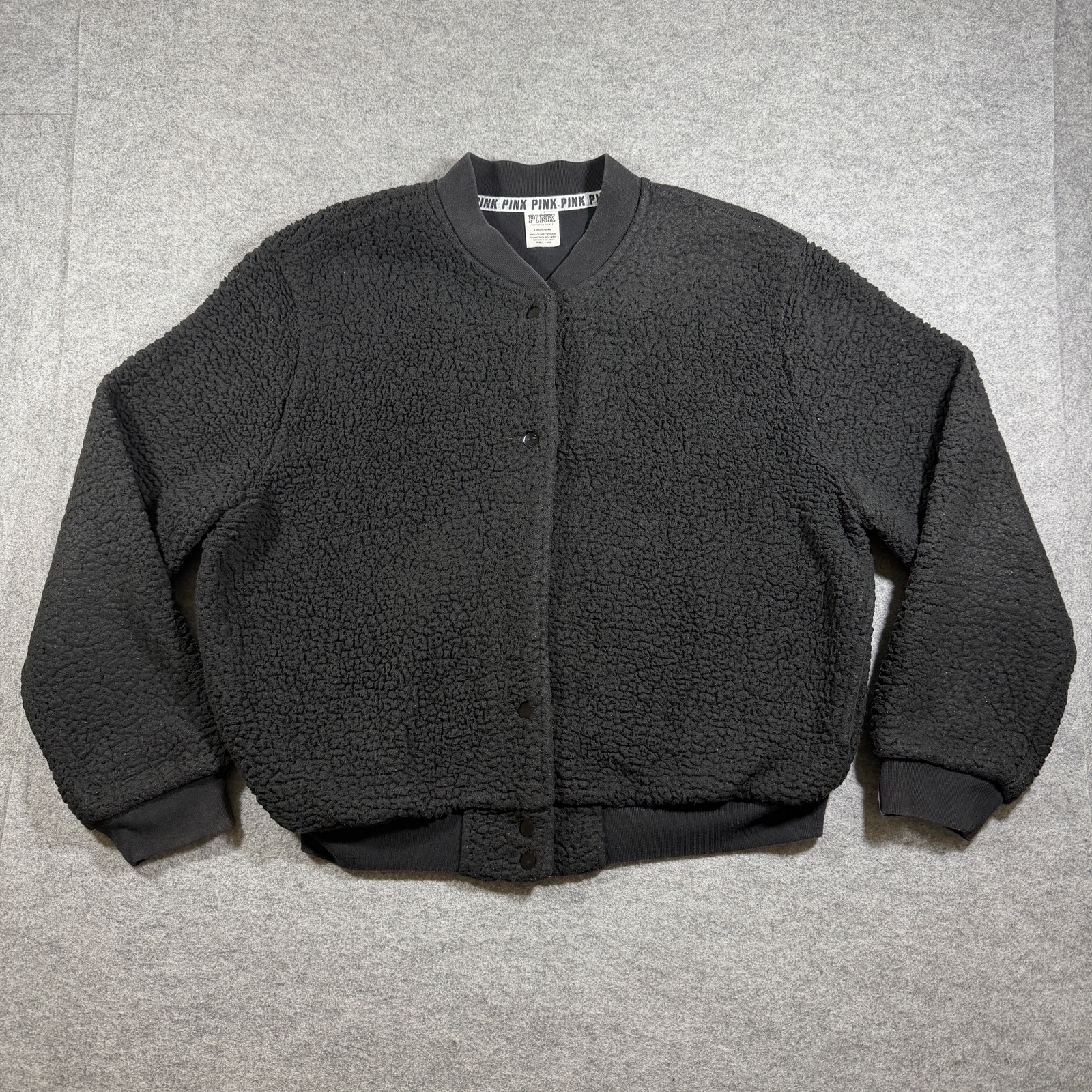 PINK Victoria's Secret Sherpa Bomber Jacket Womens L Black Snap Front Cropped thumbnail 2
