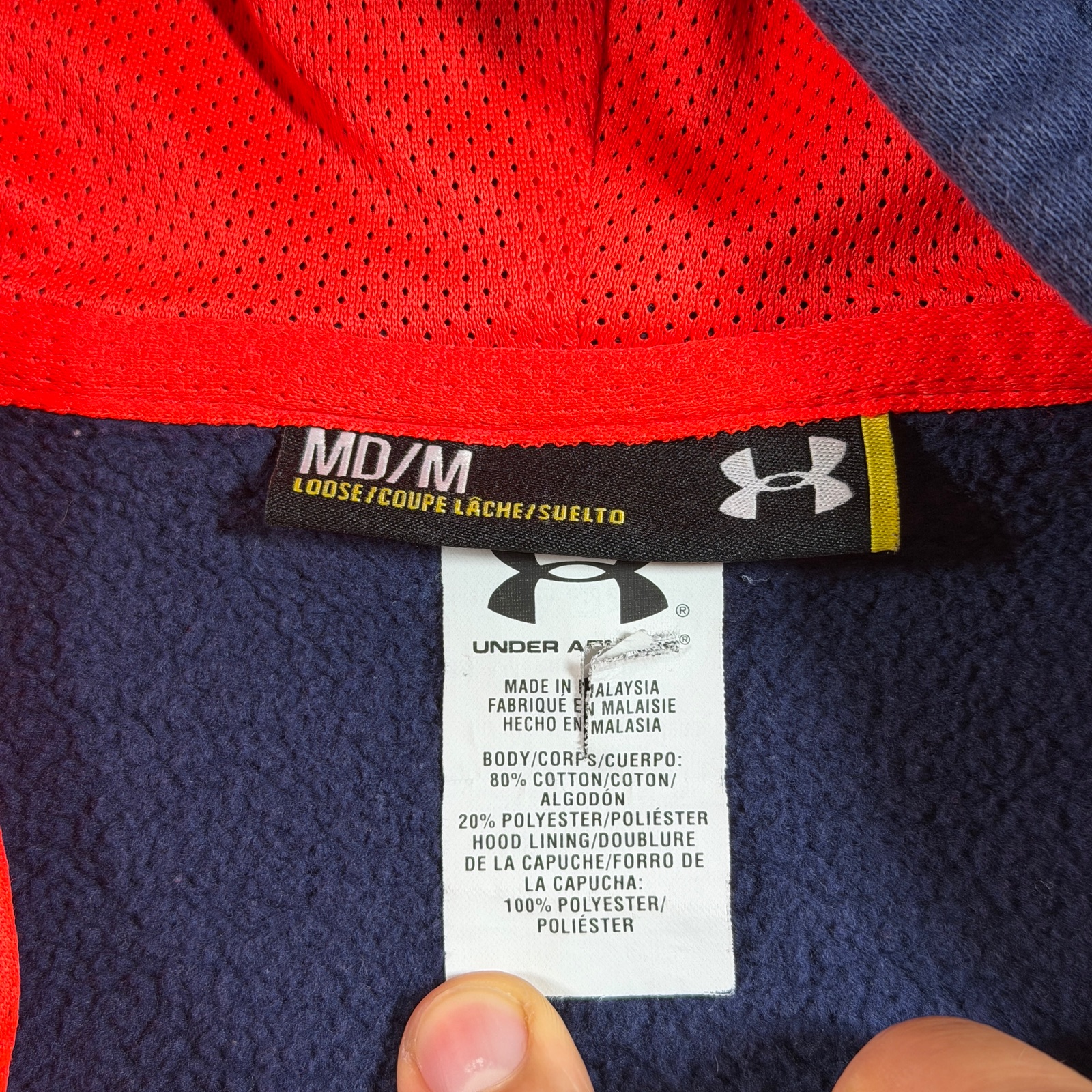 Under Armour Full Zip Hoodie Mens M Navy Red Fleece Cotton Colorblock Loose Fit thumbnail 5