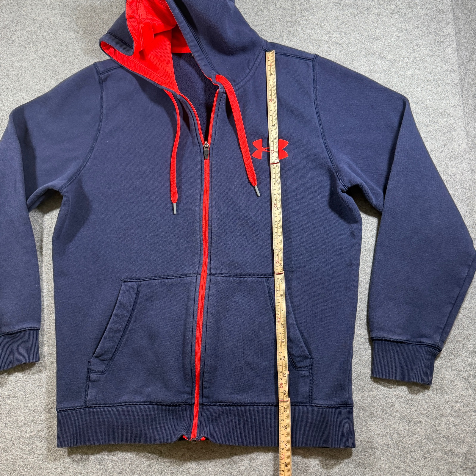 Under Armour Full Zip Hoodie Mens M Navy Red Fleece Cotton Colorblock Loose Fit thumbnail 6
