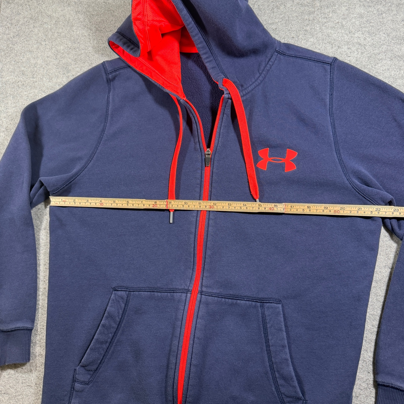Under Armour Full Zip Hoodie Mens M Navy Red Fleece Cotton Colorblock Loose Fit thumbnail 7
