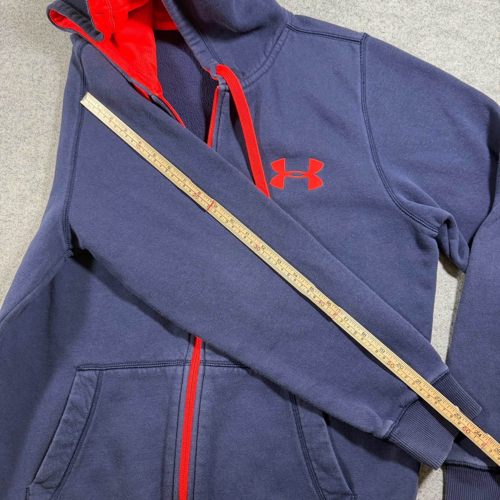 Under Armour Full Zip Hoodie Mens M Navy Red Fleece Cotton Colorblock Loose Fit thumbnail 8