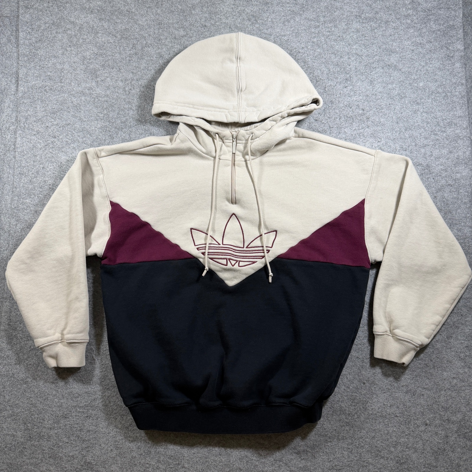 Adidas Originals Hoodie Womens XS Cream Maroon Colorblock Trefoil Half Zip