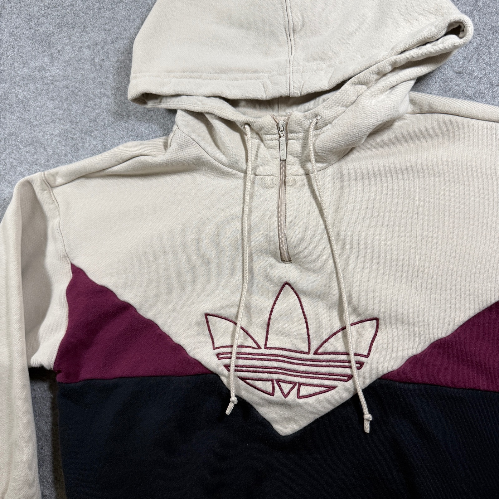 Adidas Originals Hoodie Womens XS Cream Maroon Colorblock Trefoil Half Zip thumbnail 9