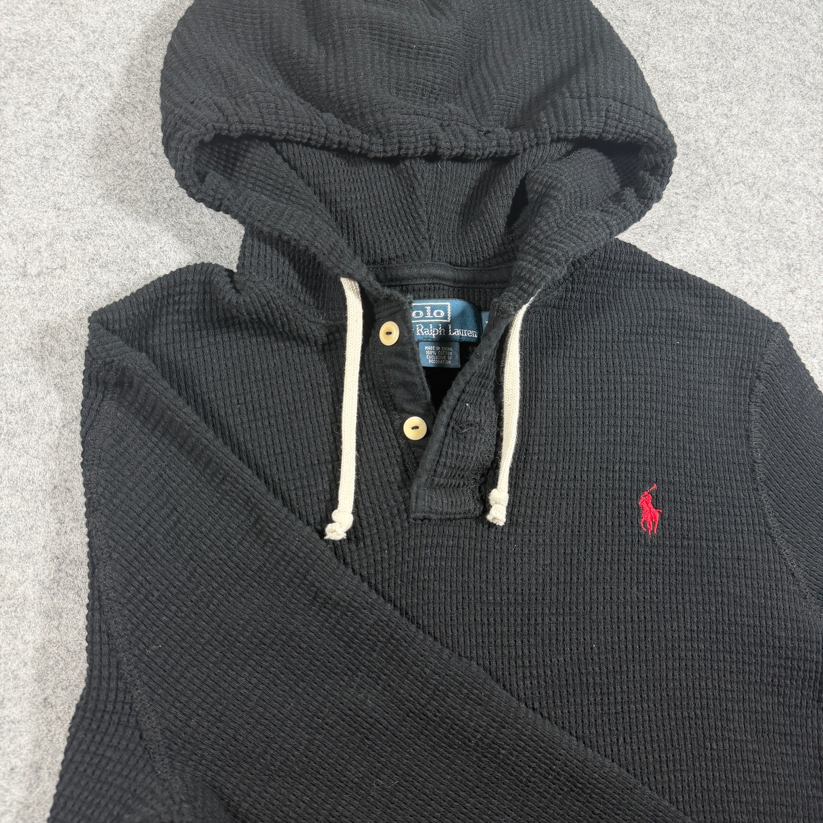 Vintage 90s Polo Ralph Lauren Hooded Thermal Shirt Womens L Black Waffle Knit thumbnail 3