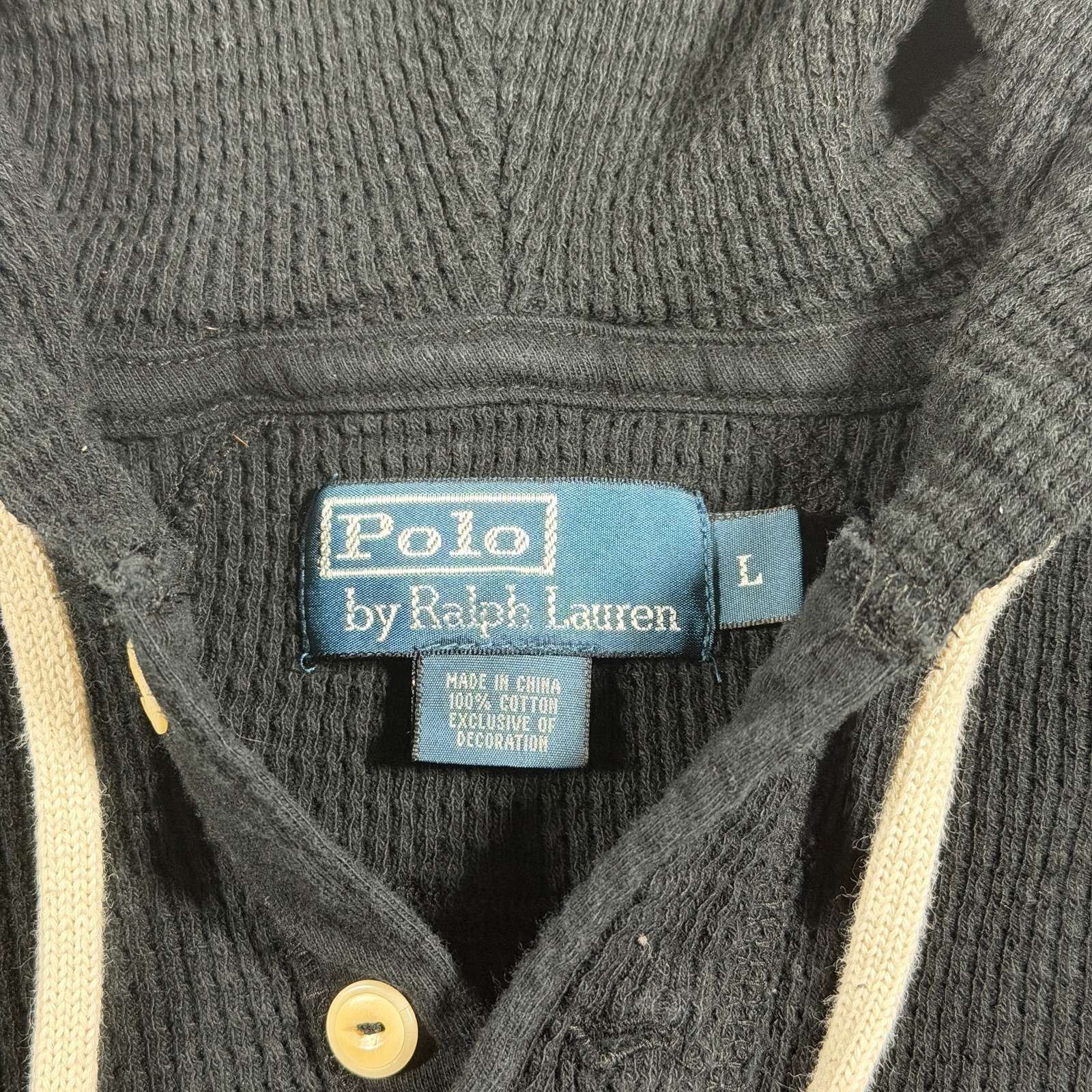 Vintage 90s Polo Ralph Lauren Hooded Thermal Shirt Womens L Black Waffle Knit thumbnail 4
