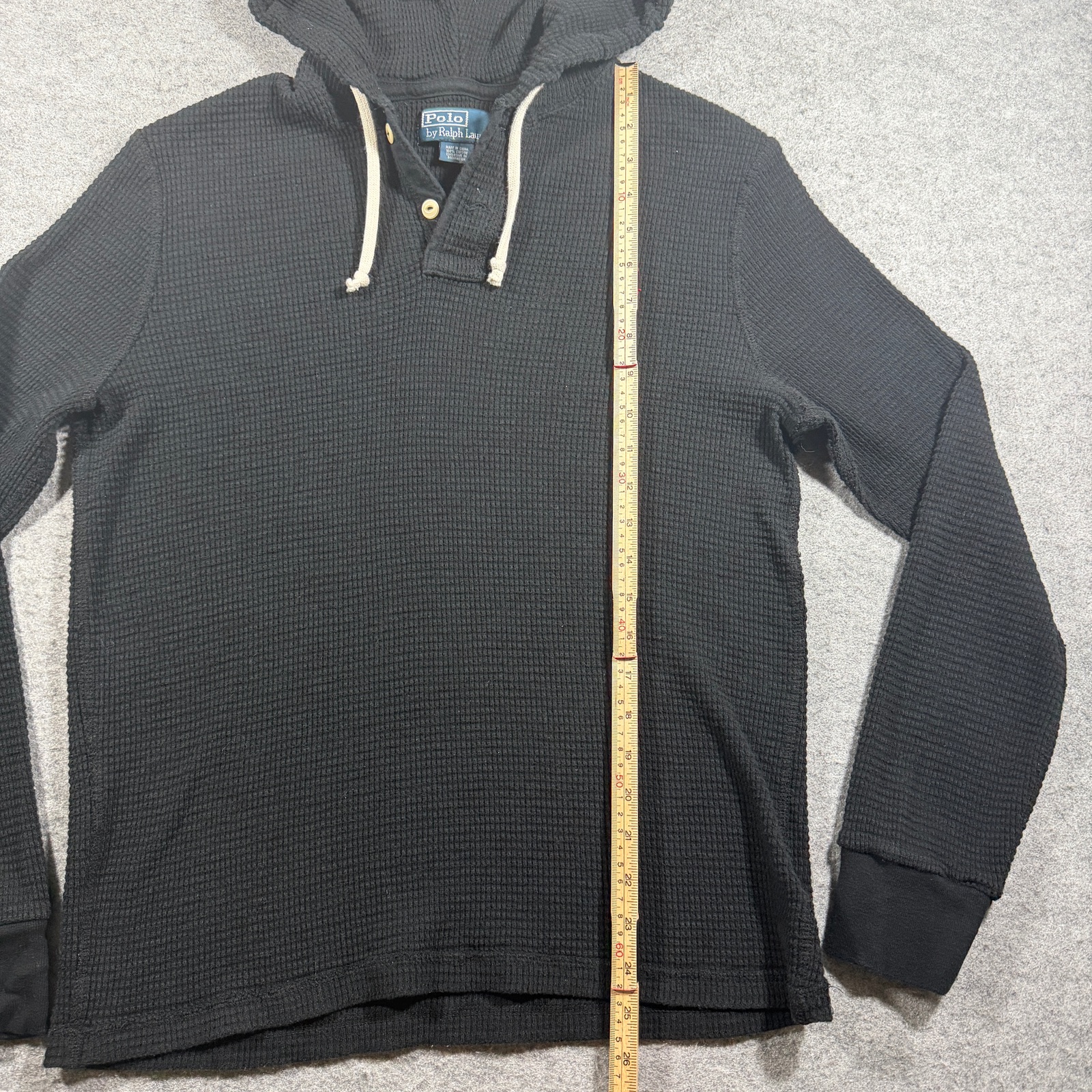 Vintage 90s Polo Ralph Lauren Hooded Thermal Shirt Womens L Black Waffle Knit thumbnail 6