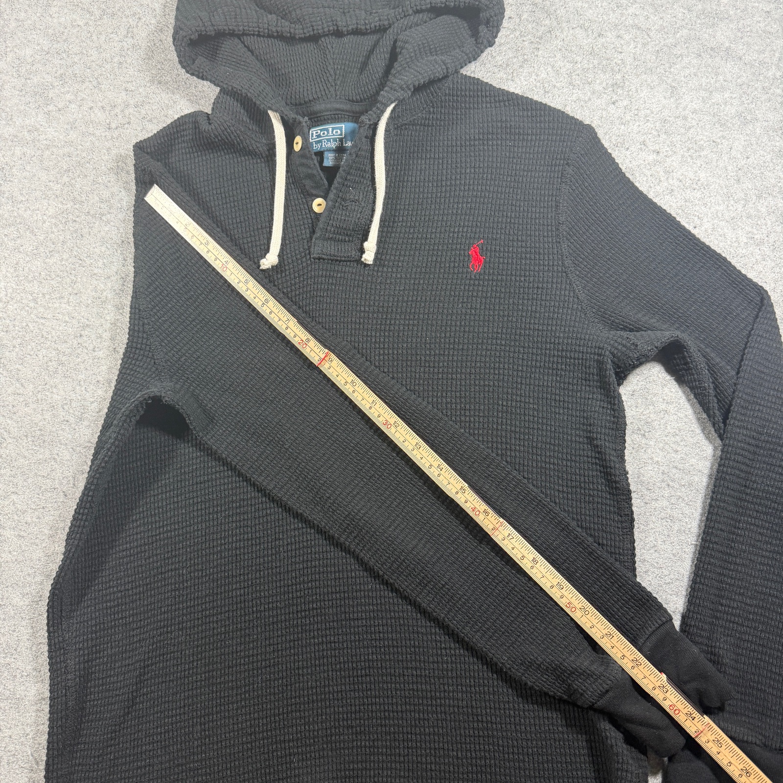 Vintage 90s Polo Ralph Lauren Hooded Thermal Shirt Womens L Black Waffle Knit thumbnail 8