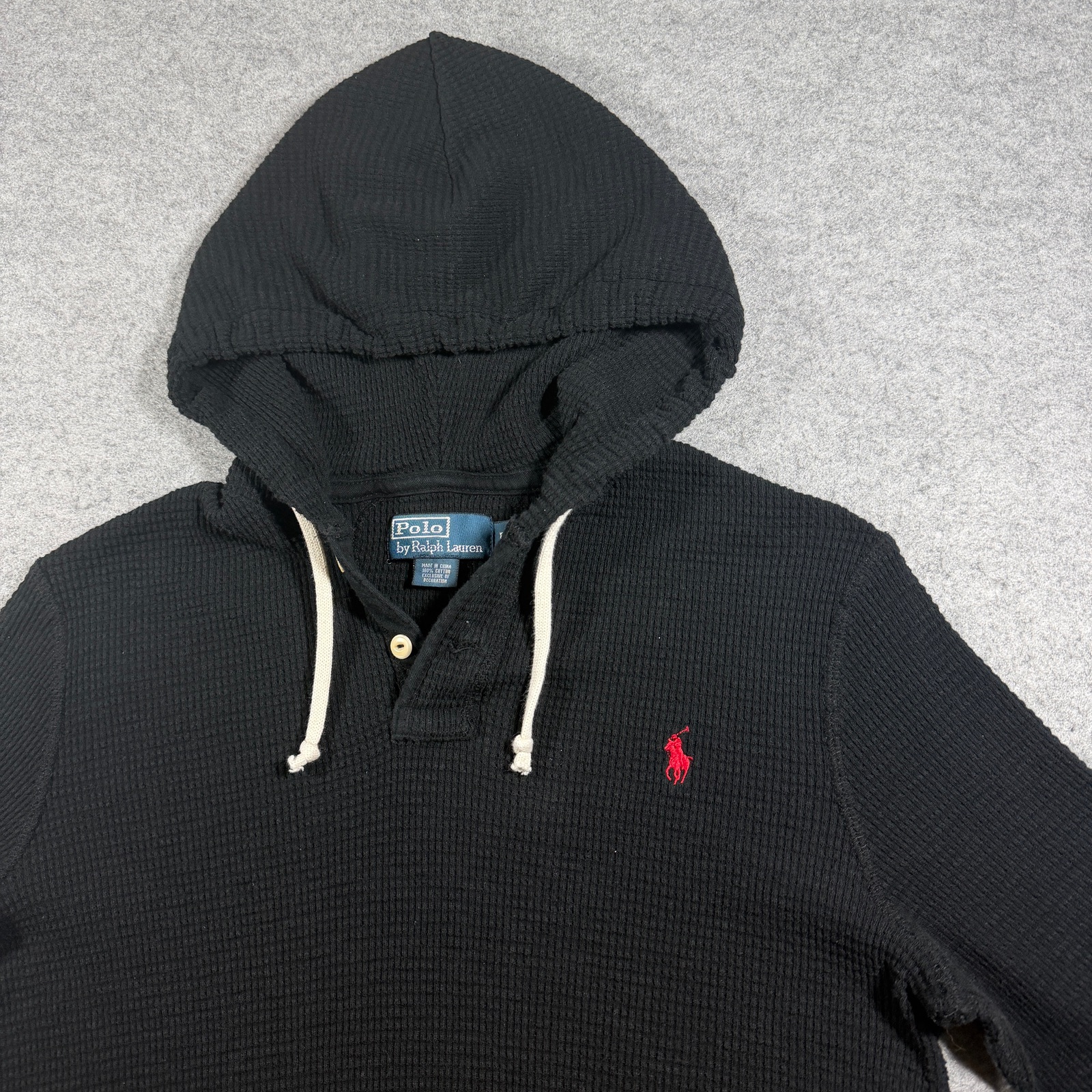 Vintage 90s Polo Ralph Lauren Hooded Thermal Shirt Womens L Black Waffle Knit thumbnail 9