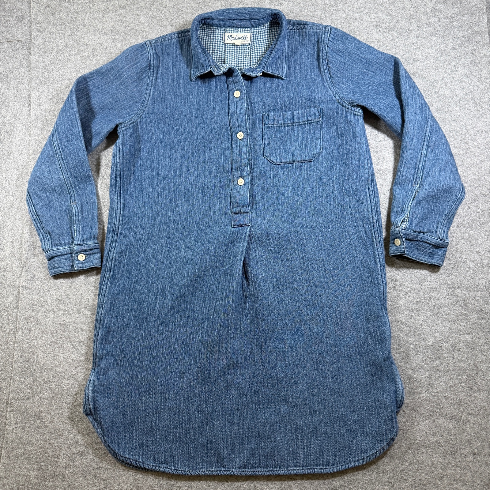 Madewell Popover Shirt Dress Womens M Denim Blue Plaid Collar Cotton Chambray