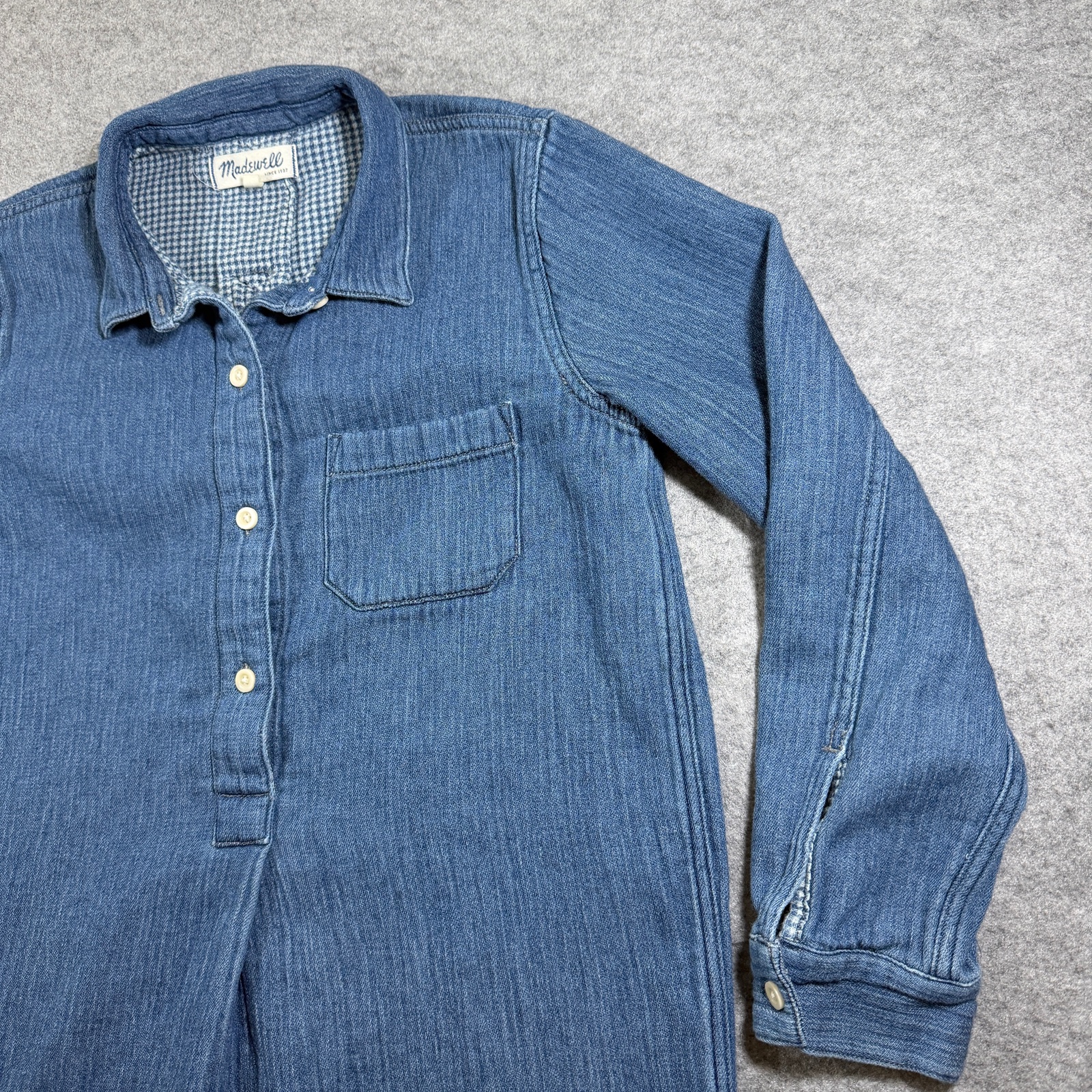 Madewell Popover Shirt Dress Womens M Denim Blue Plaid Collar Cotton Chambray thumbnail 4