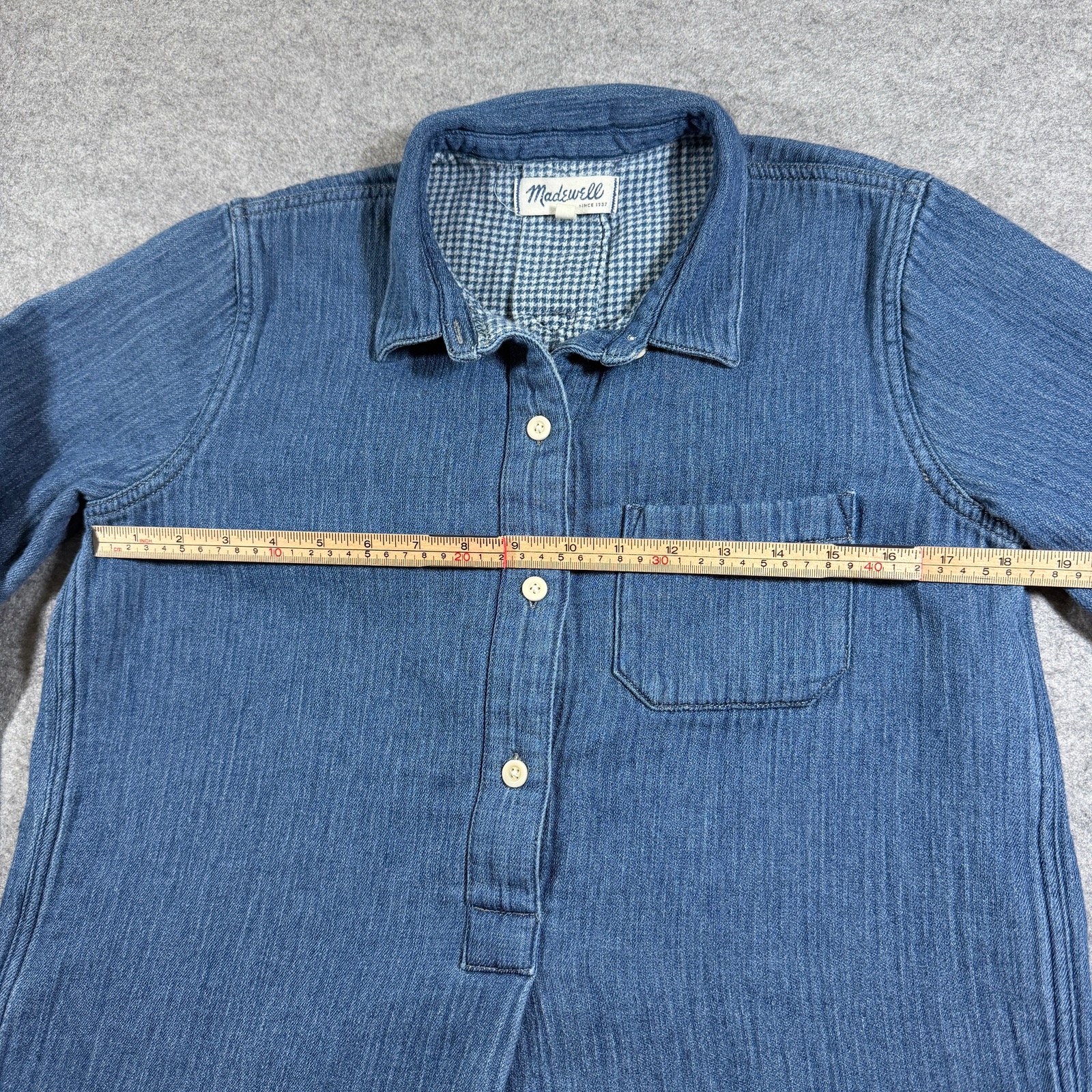 Madewell Popover Shirt Dress Womens M Denim Blue Plaid Collar Cotton Chambray thumbnail 6