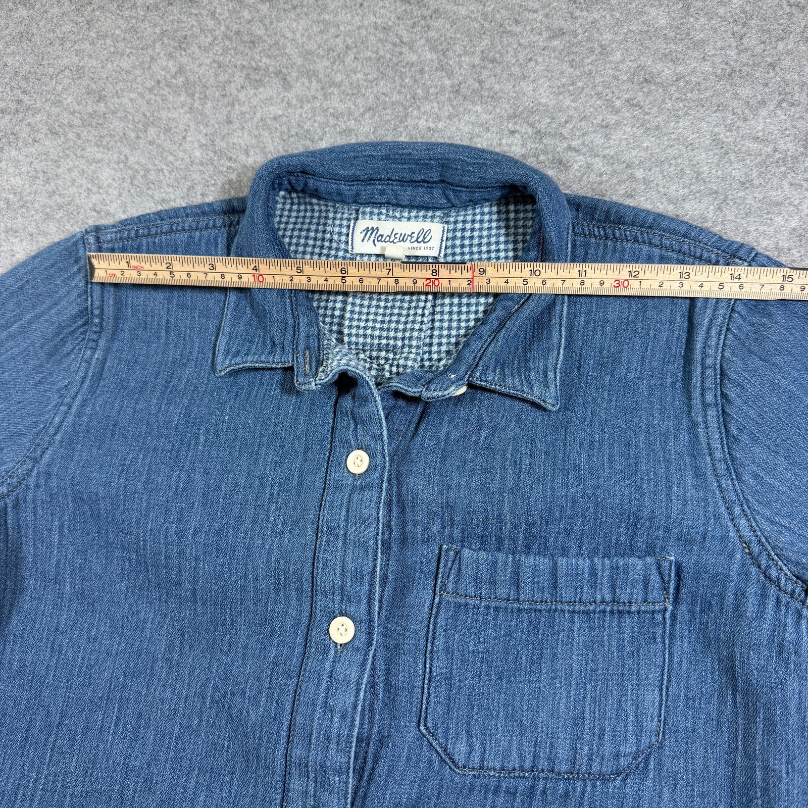 Madewell Popover Shirt Dress Womens M Denim Blue Plaid Collar Cotton Chambray thumbnail 8