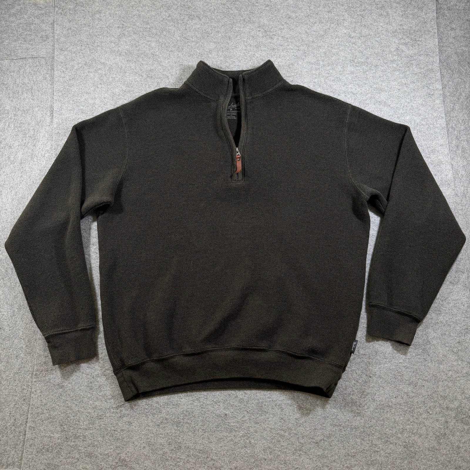 Woolrich Quarter Zip Sweater Mens L Olive Green Waffle Knit Cotton Leather Pull