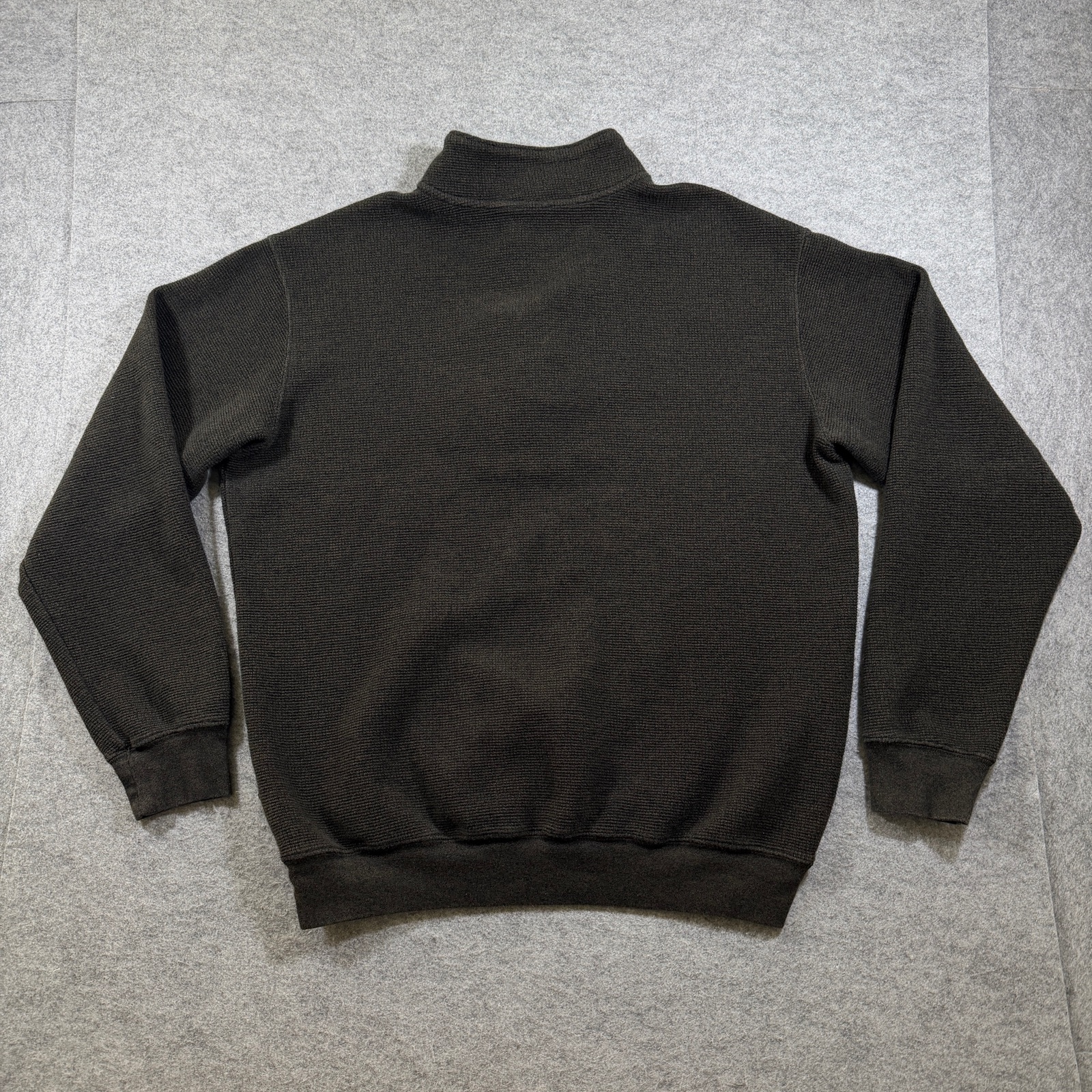 Woolrich Quarter Zip Sweater Mens L Olive Green Waffle Knit Cotton Leather Pull thumbnail 2