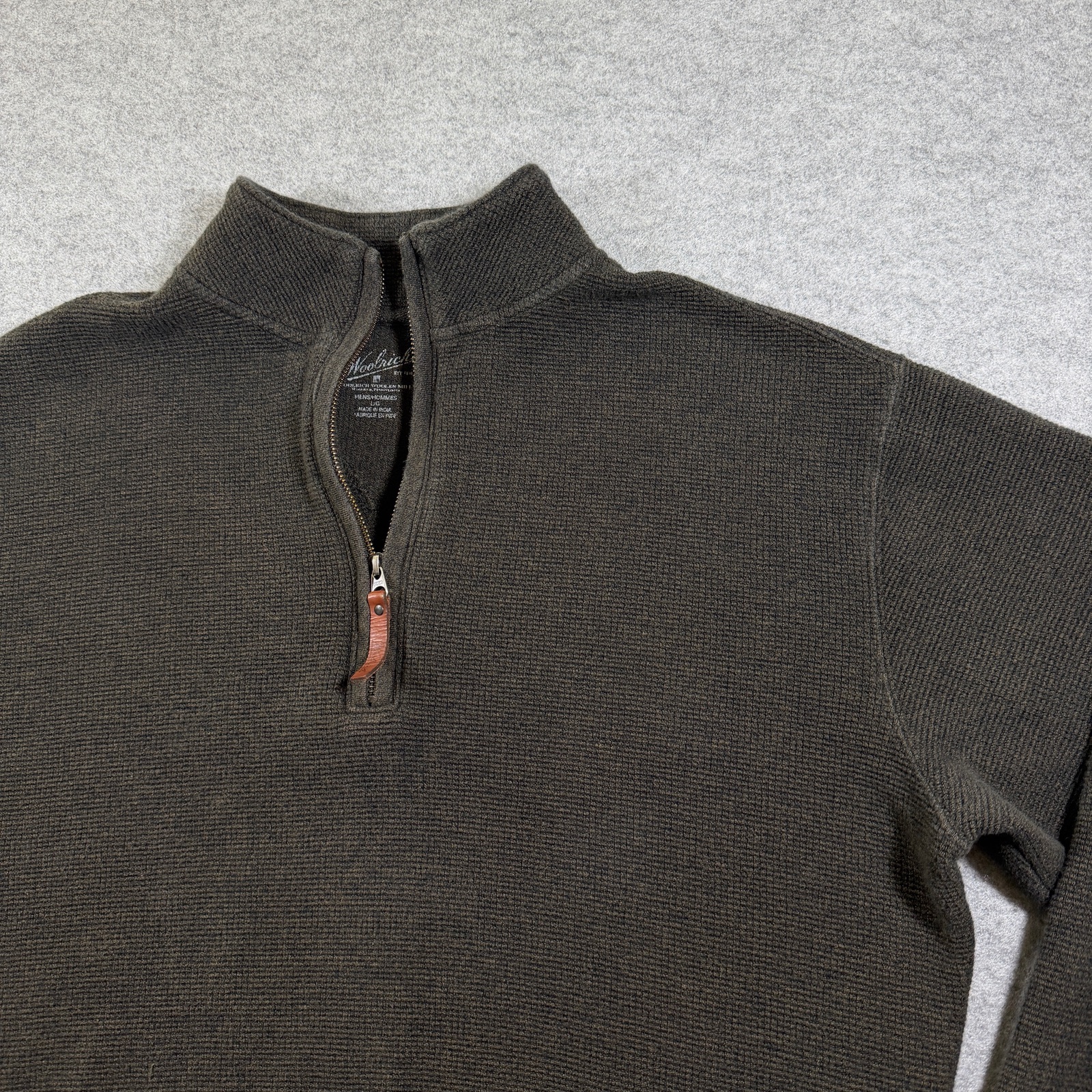 Woolrich Quarter Zip Sweater Mens L Olive Green Waffle Knit Cotton Leather Pull thumbnail 3