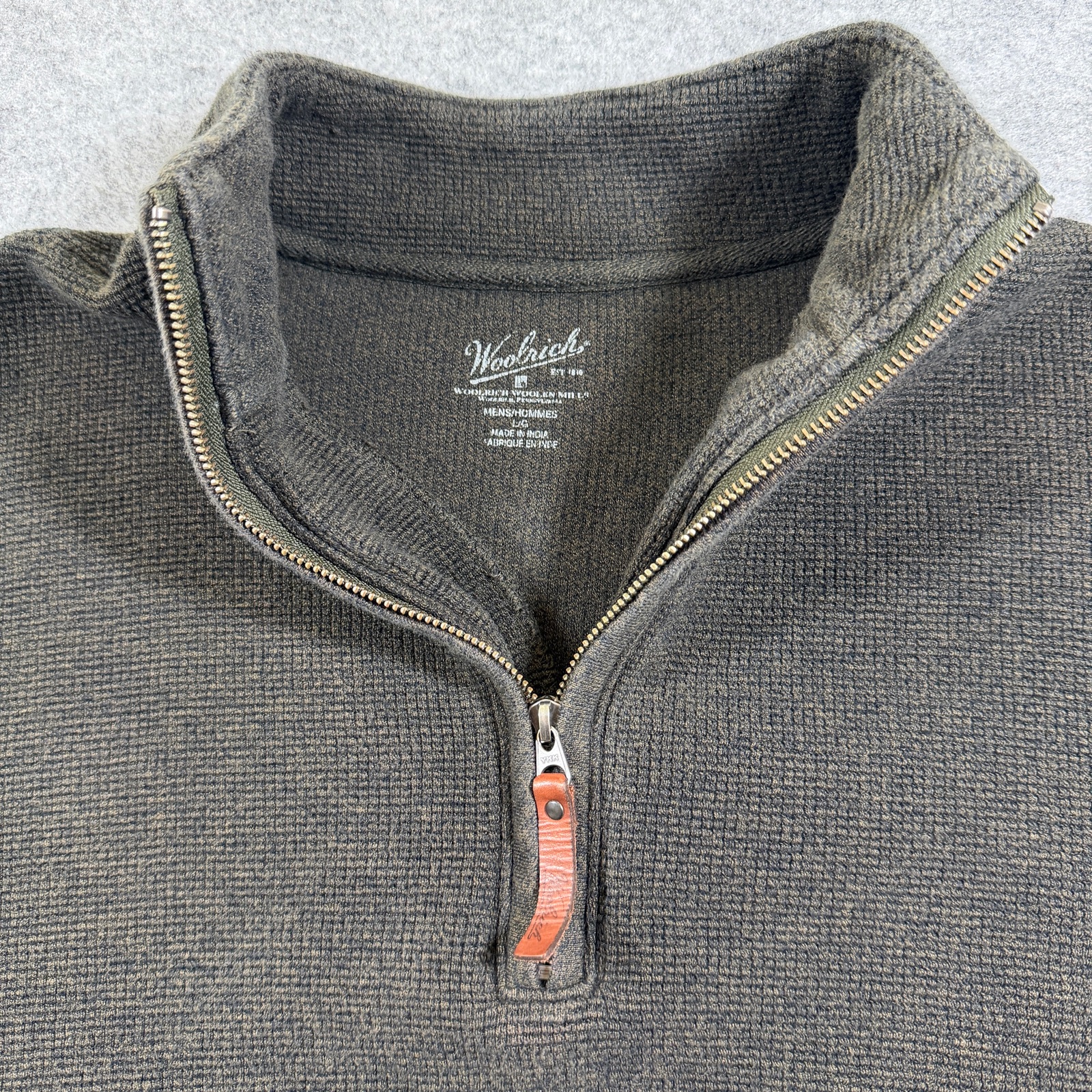 Woolrich Quarter Zip Sweater Mens L Olive Green Waffle Knit Cotton Leather Pull thumbnail 4