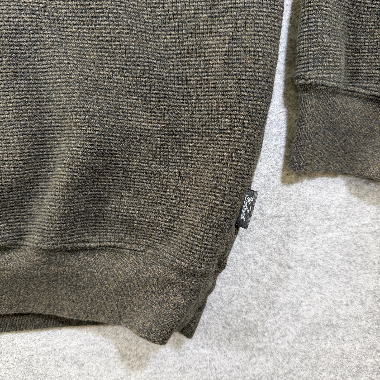 Woolrich Quarter Zip Sweater Mens L Olive Green Waffle Knit Cotton Leather Pull thumbnail 5