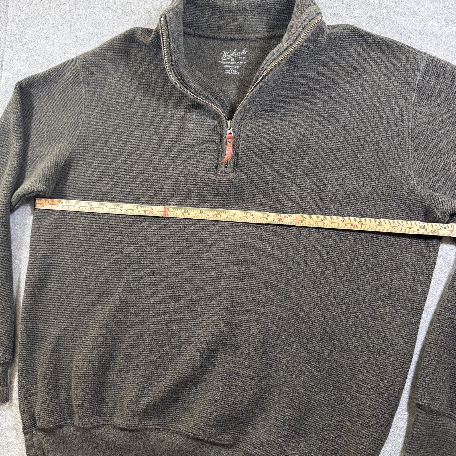 Woolrich Quarter Zip Sweater Mens L Olive Green Waffle Knit Cotton Leather Pull thumbnail 6