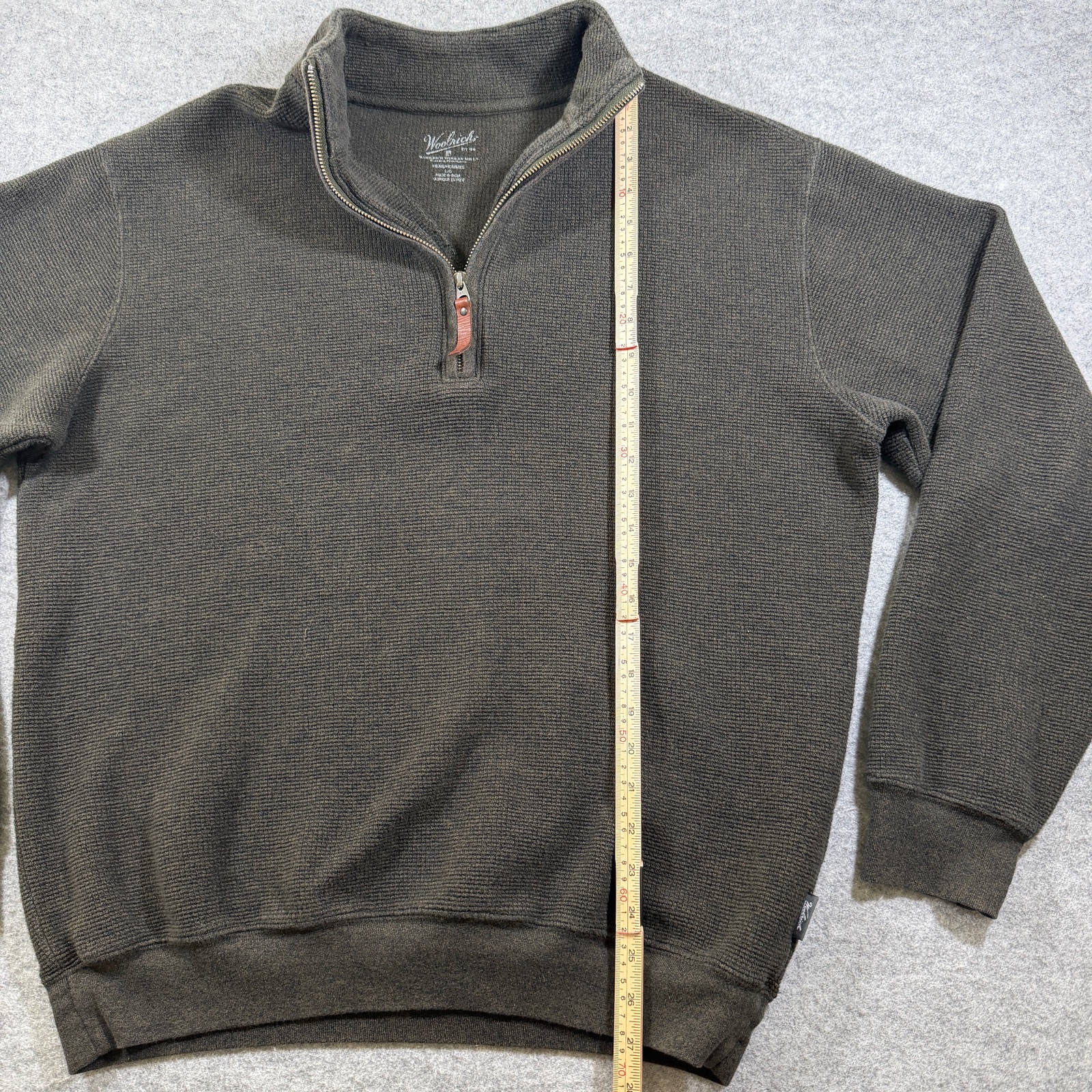 Woolrich Quarter Zip Sweater Mens L Olive Green Waffle Knit Cotton Leather Pull thumbnail 7