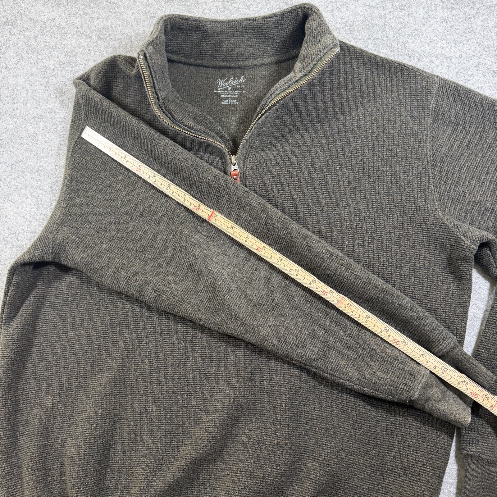 Woolrich Quarter Zip Sweater Mens L Olive Green Waffle Knit Cotton Leather Pull thumbnail 8