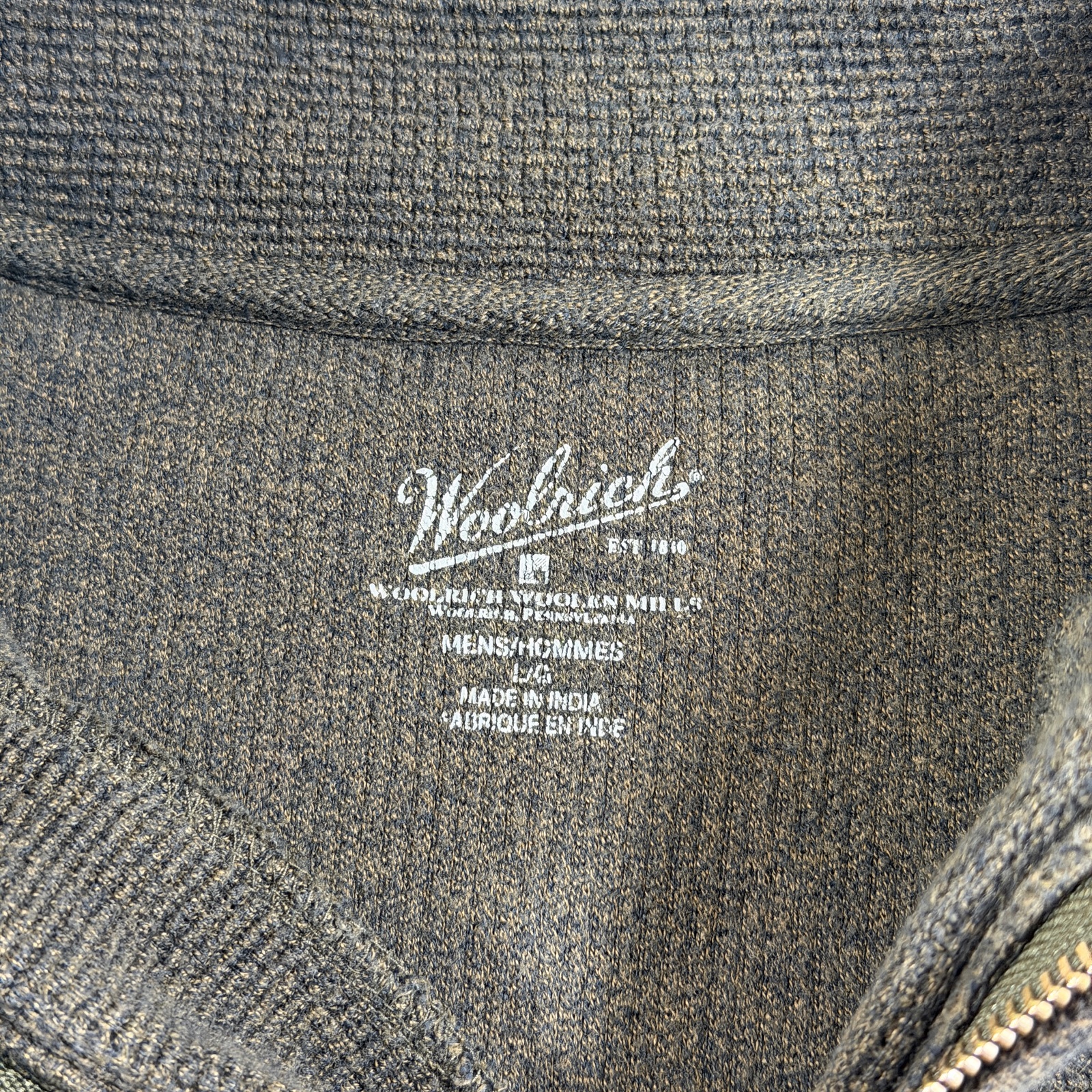 Woolrich Quarter Zip Sweater Mens L Olive Green Waffle Knit Cotton Leather Pull thumbnail 9