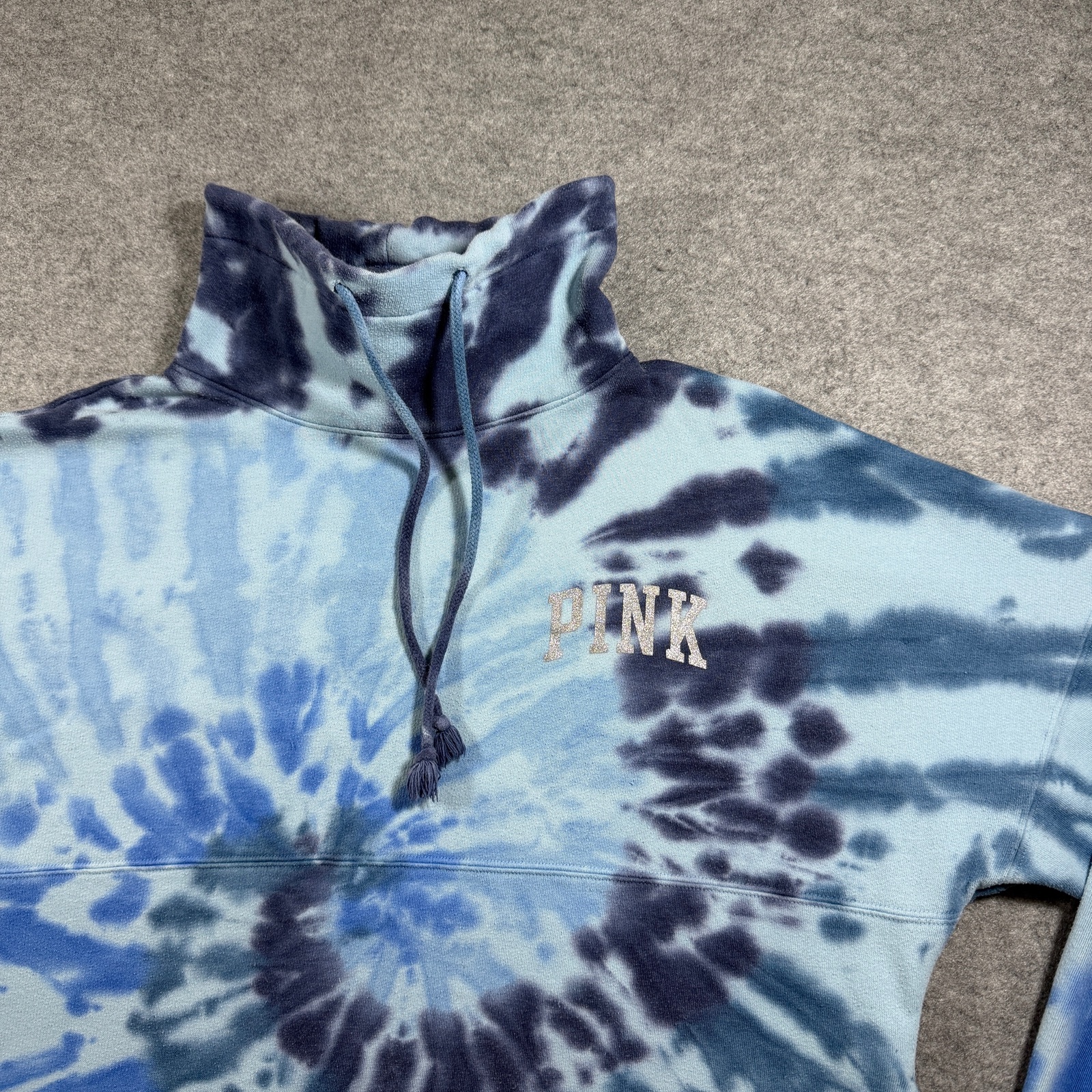 PINK Victorias Secret Sweatshirt Womens S Blue Tie Dye Mock Neck Drawstring Boxy thumbnail 3