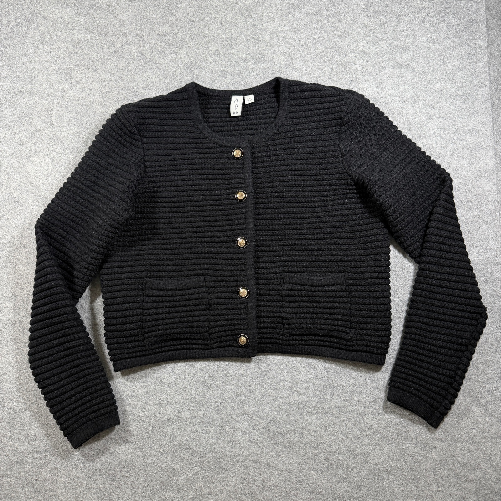 Joie Cardigan Sweater Womens L Black Ribbed Knit Crop Boxy Gold Button Preppy