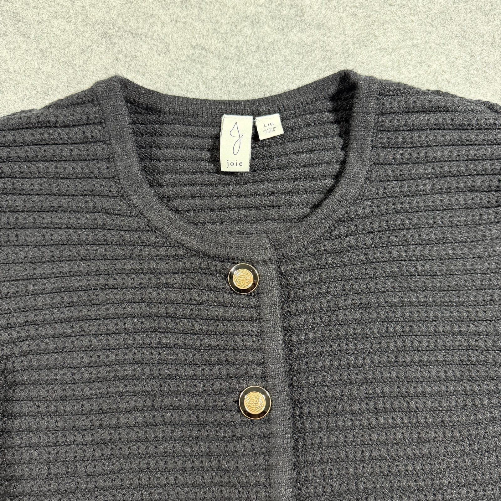 Joie Cardigan Sweater Womens L Black Ribbed Knit Crop Boxy Gold Button Preppy thumbnail 4