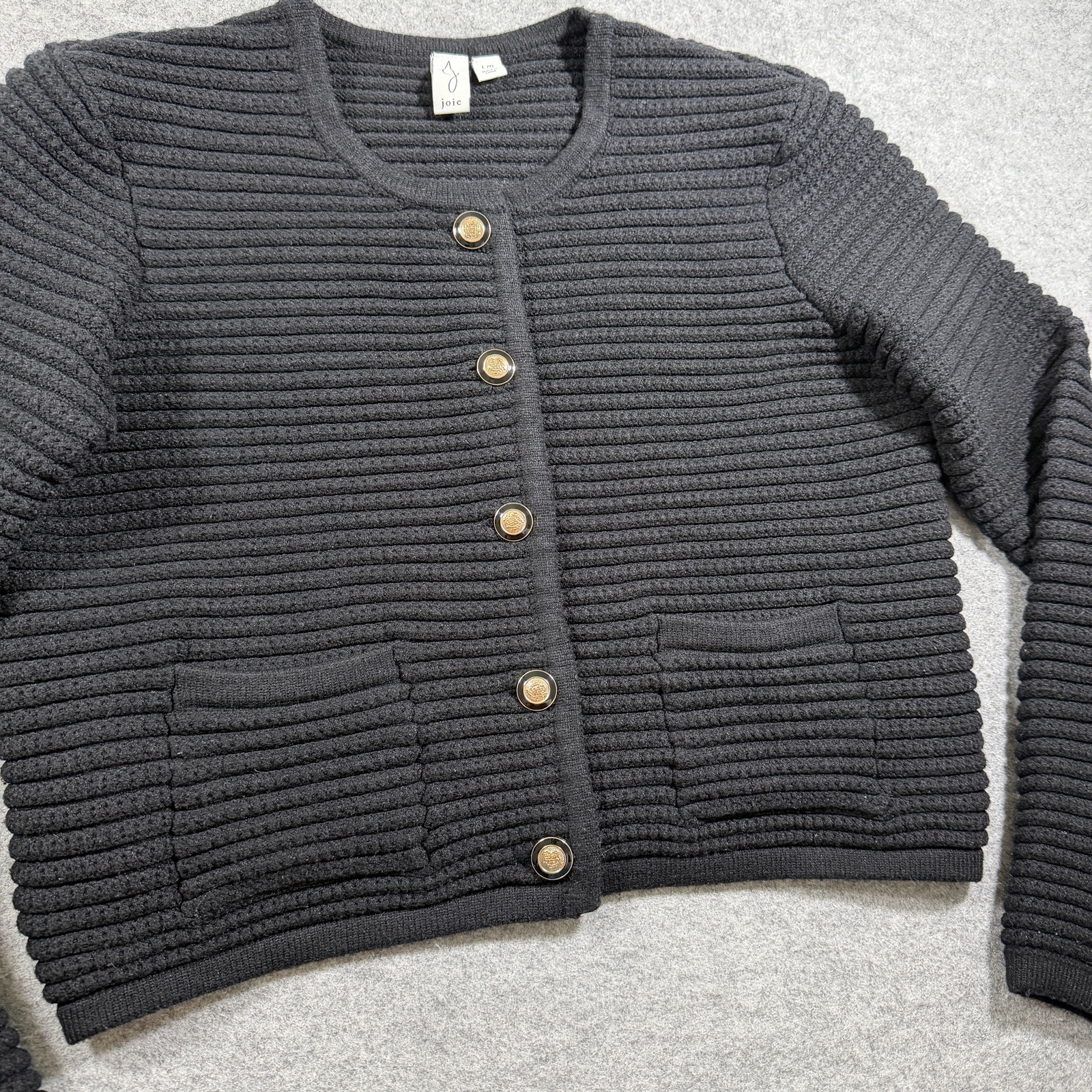 Joie Cardigan Sweater Womens L Black Ribbed Knit Crop Boxy Gold Button Preppy thumbnail 5