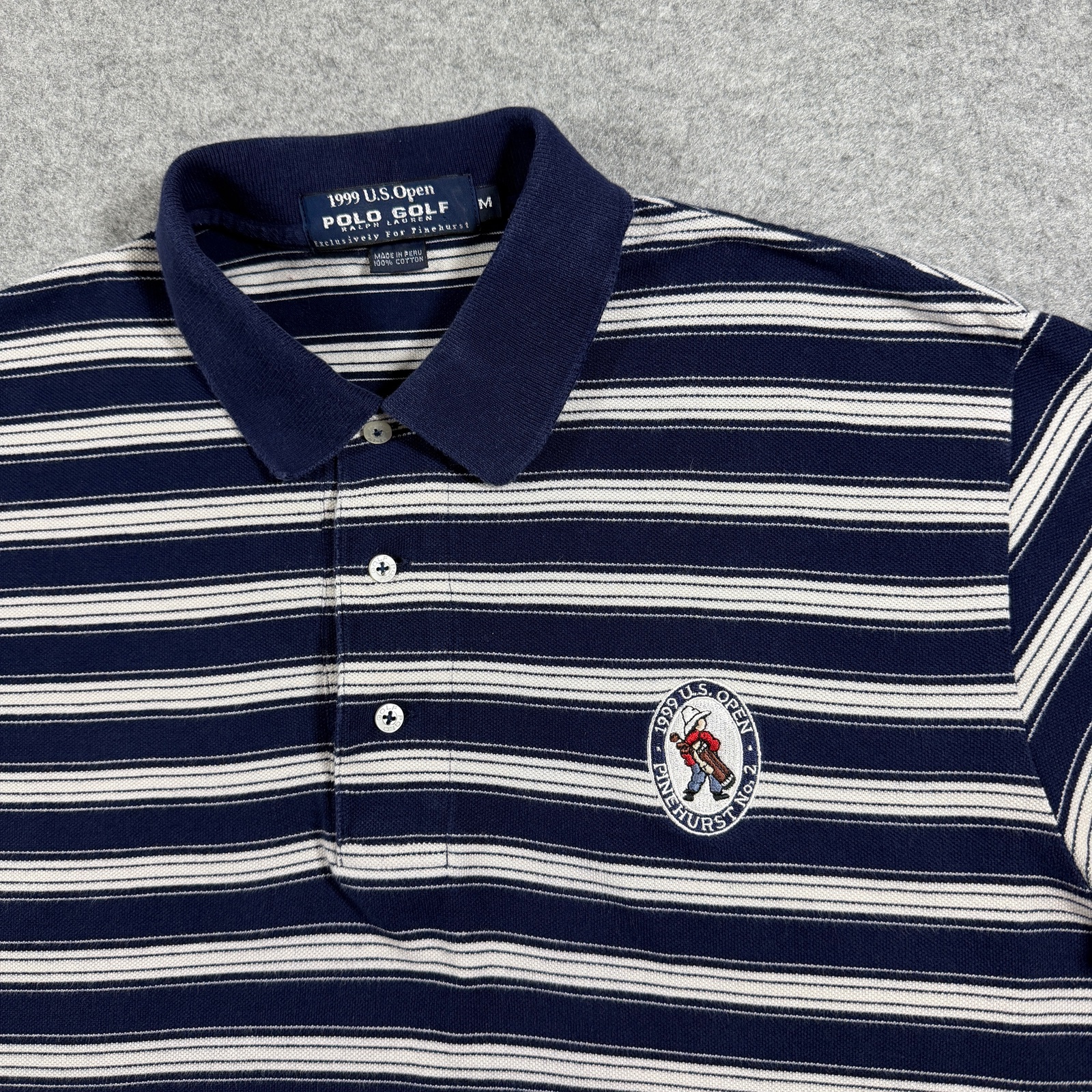Vintage Polo Ralph Lauren Golf Polo Mens M Navy Striped 1999 US Open Pinehurst thumbnail 2