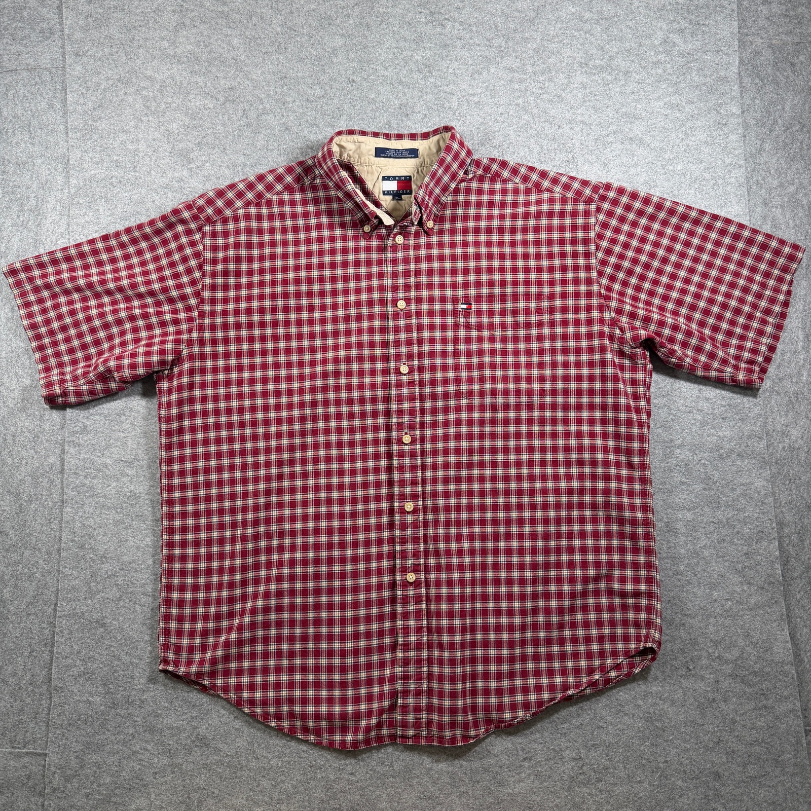 Vintage Y2K Tommy Hilfiger Shirt Mens XL Red Plaid Short Sleeve Button Up Preppy