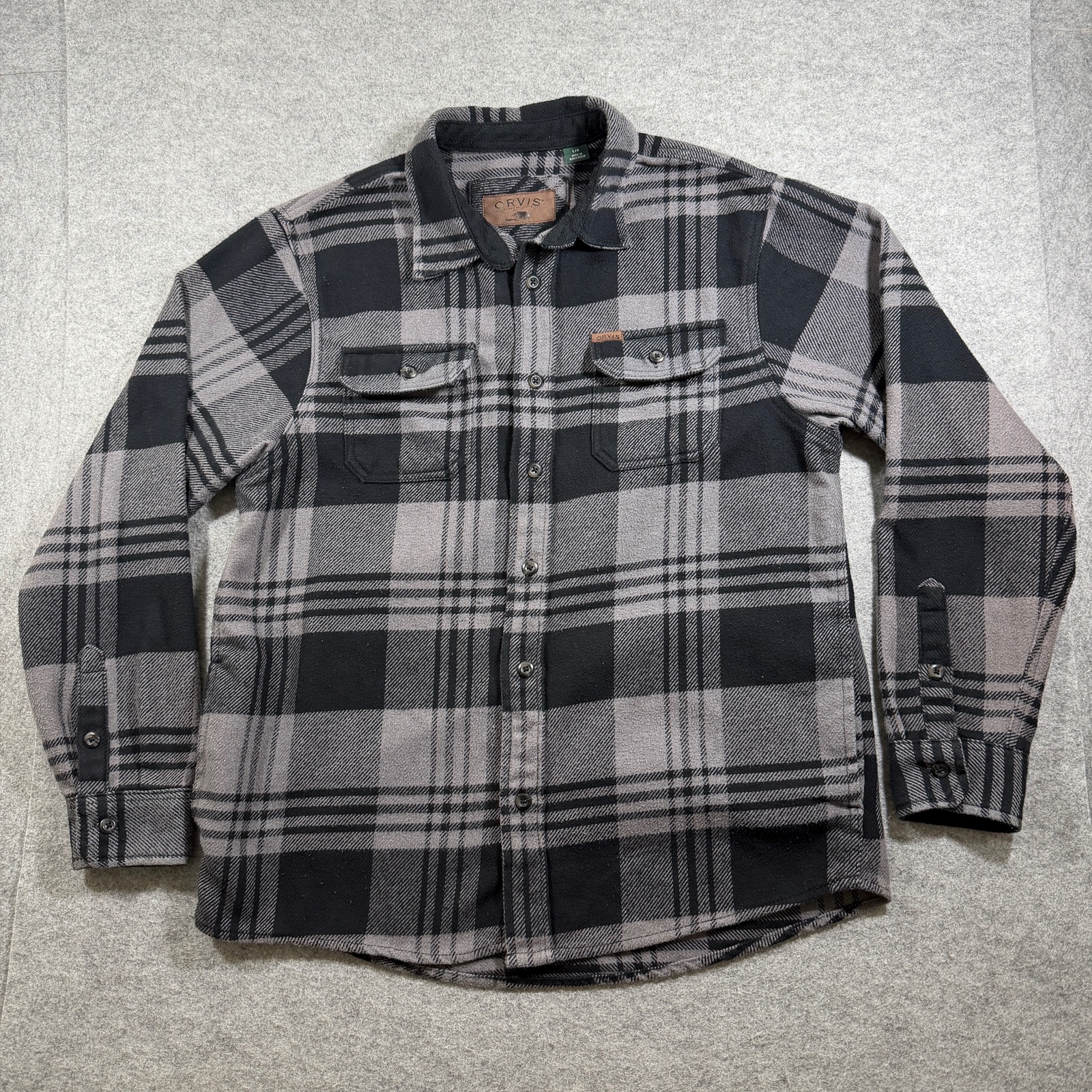 Orvis Heavyweight Flannel Shirt Mens L Gray Black Button Up 4 Pocket Outdoor