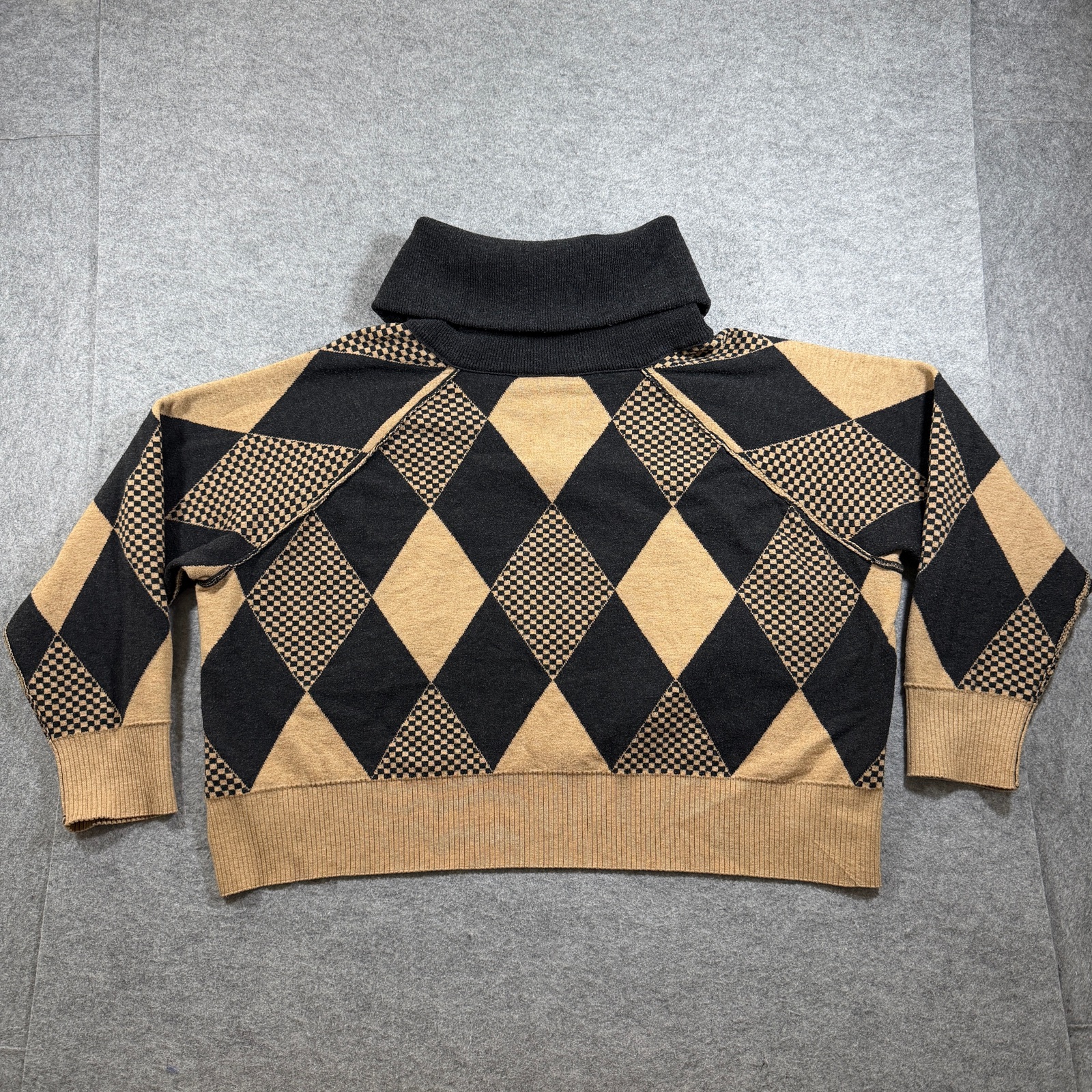 Free People Argyle Cropped Sweater Womens S Black Tan Cowl Neck 1/4 Zip Knit thumbnail 2