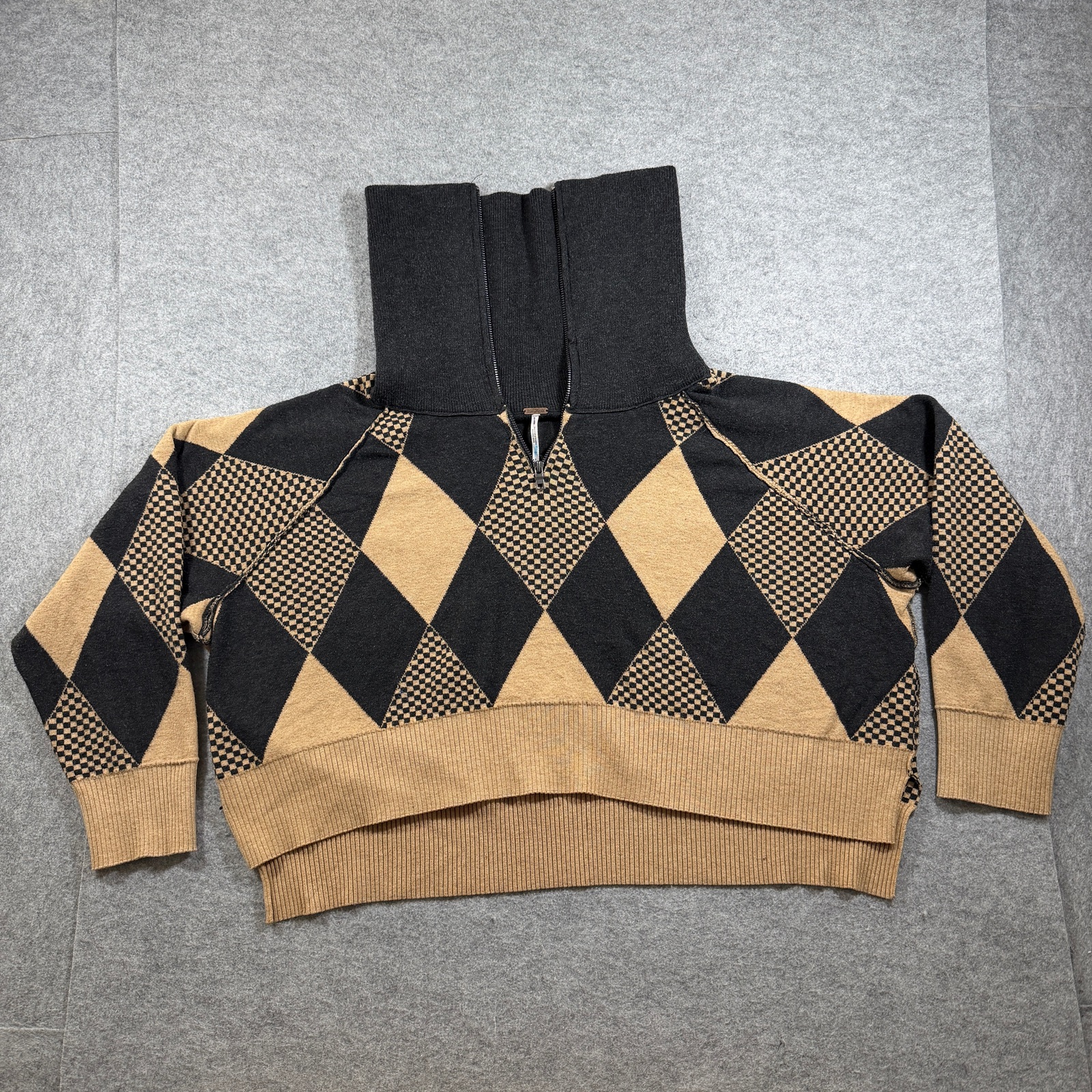 Free People Argyle Cropped Sweater Womens S Black Tan Cowl Neck 1/4 Zip Knit thumbnail 3
