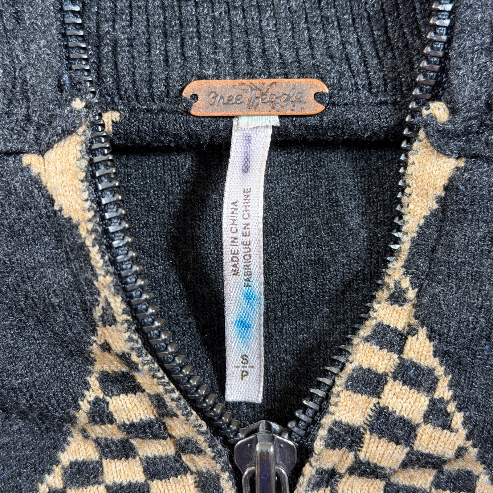 Free People Argyle Cropped Sweater Womens S Black Tan Cowl Neck 1/4 Zip Knit thumbnail 5