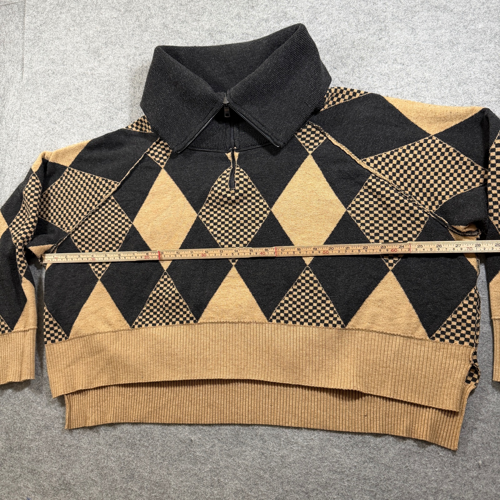 Free People Argyle Cropped Sweater Womens S Black Tan Cowl Neck 1/4 Zip Knit thumbnail 6