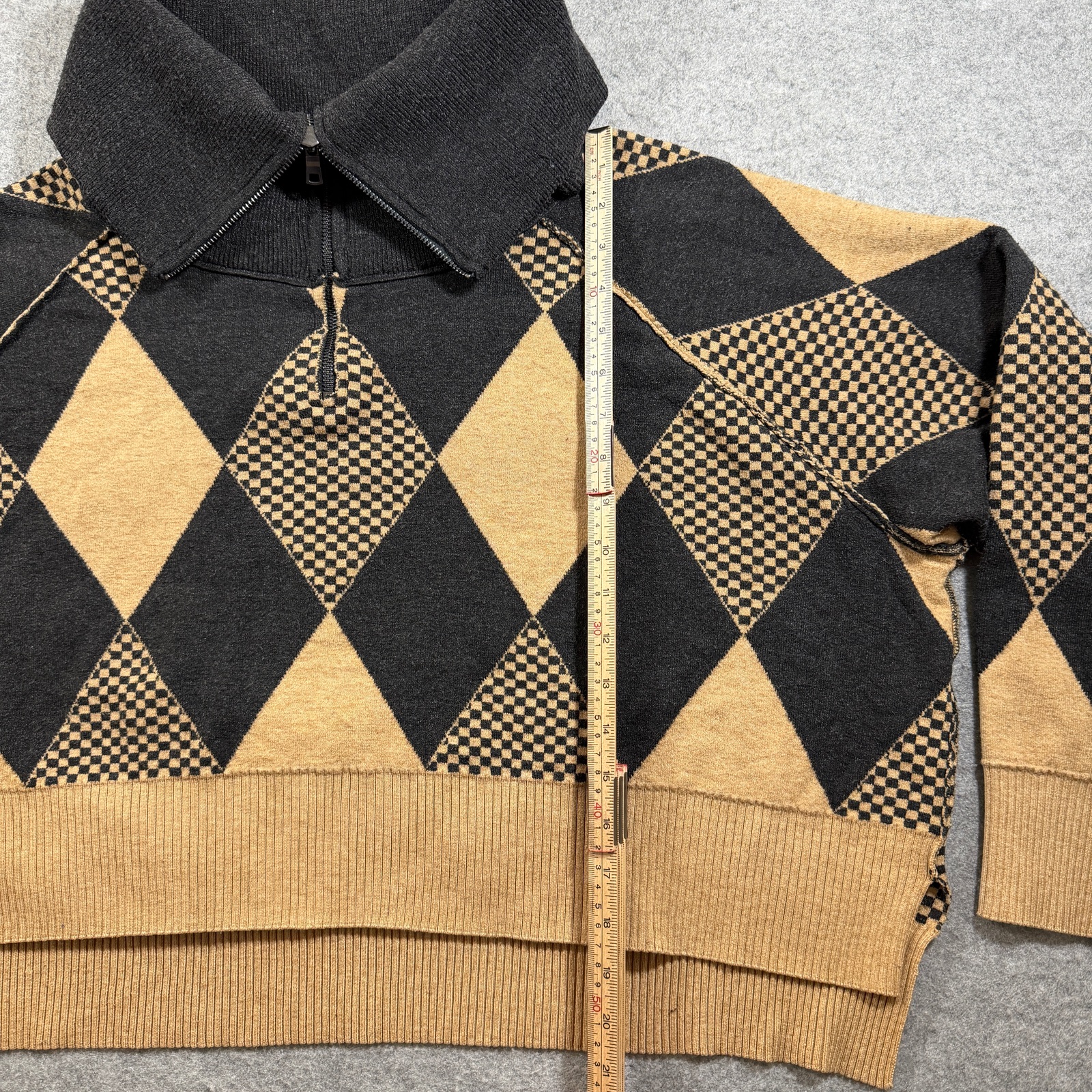 Free People Argyle Cropped Sweater Womens S Black Tan Cowl Neck 1/4 Zip Knit thumbnail 7