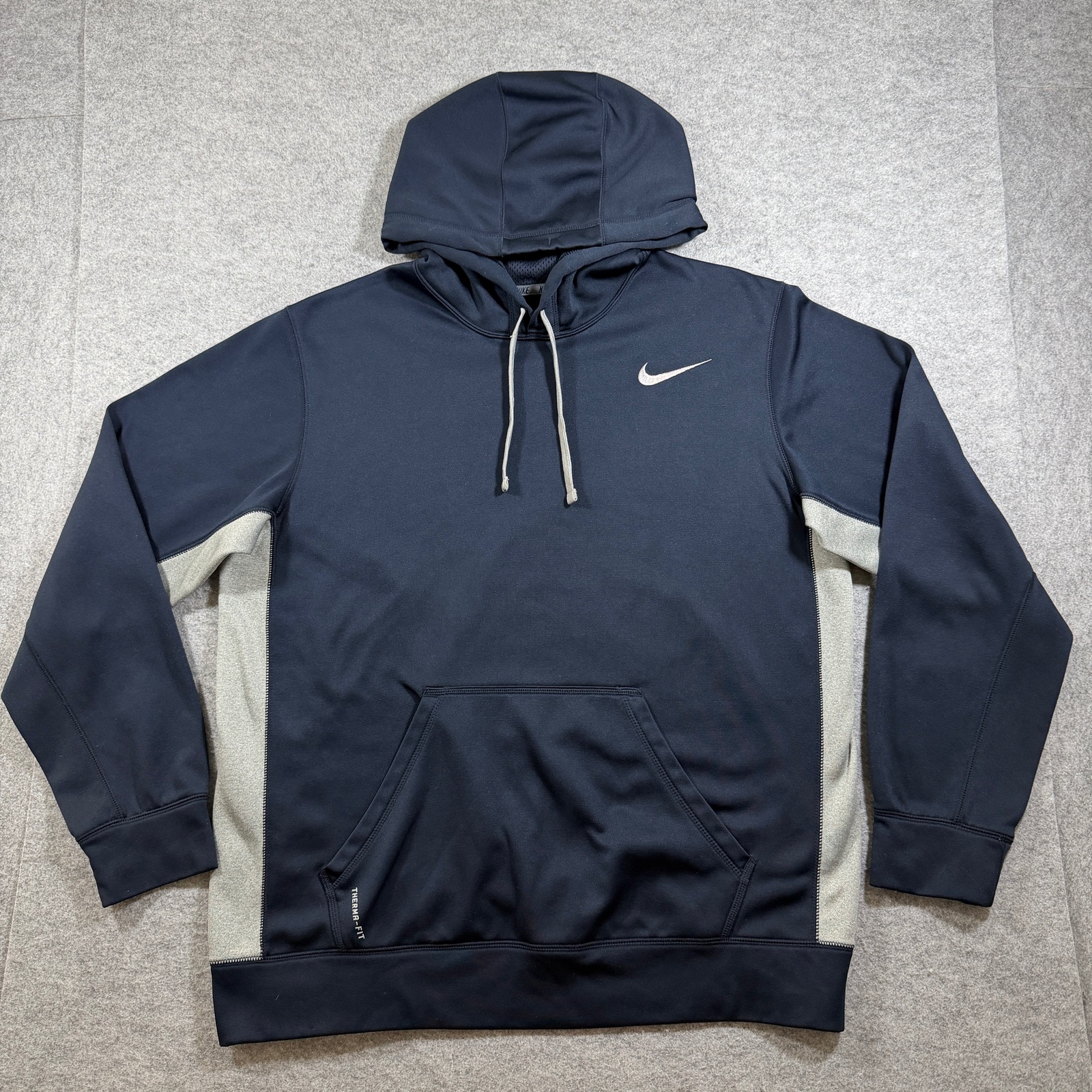Nike Therma-FIT Hoodie Mens L Navy Gray Fleece Pullover Running Training Athlete