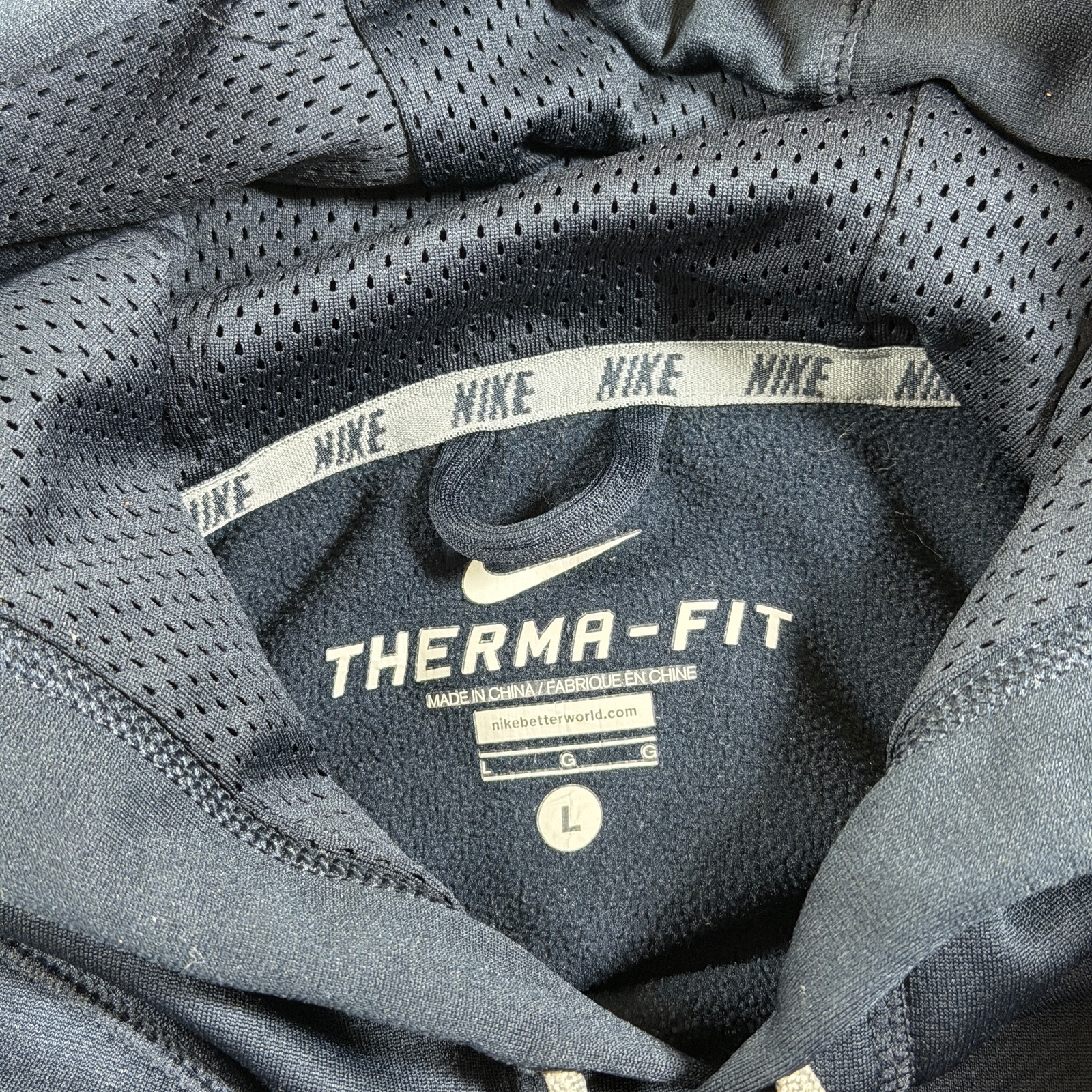 Nike Therma-FIT Hoodie Mens L Navy Gray Fleece Pullover Running Training Athlete thumbnail 3