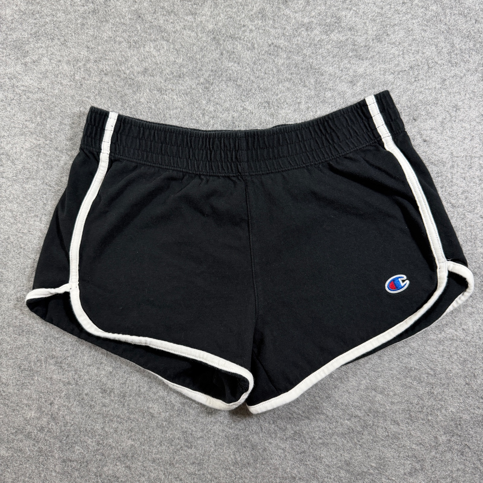 VTG Champion Shorts Womens S Black White Trim Dolphin Hem 100% Cotton Athletic